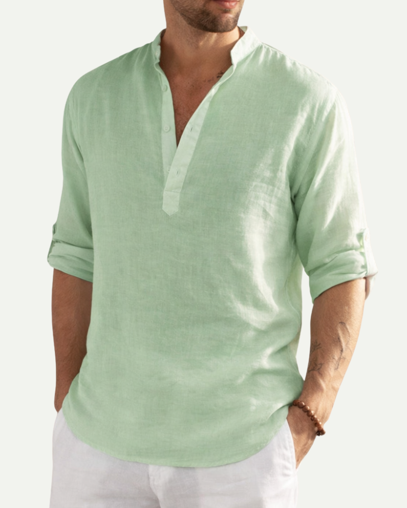 Men's Stand Collar Cotton Pullover Shirt in Light Green – Loose Fit Long Sleeve | Aveloire
