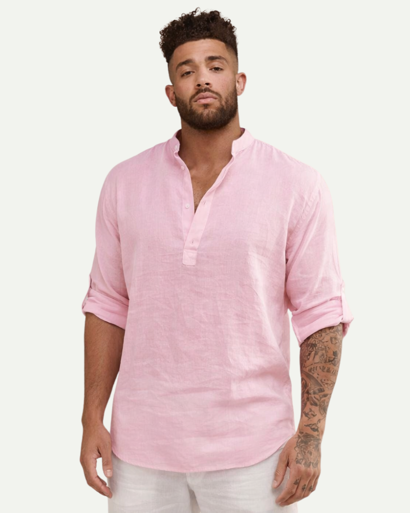 Men's Stand Collar Cotton Pullover Shirt in Pink – Loose Fit Long Sleeve | Aveloire