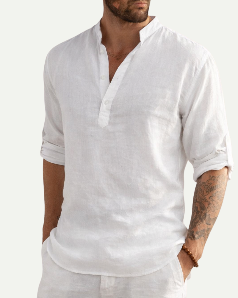 Men's Stand Collar Cotton Pullover Shirt in White – Loose Fit Long Sleeve | Aveloire
