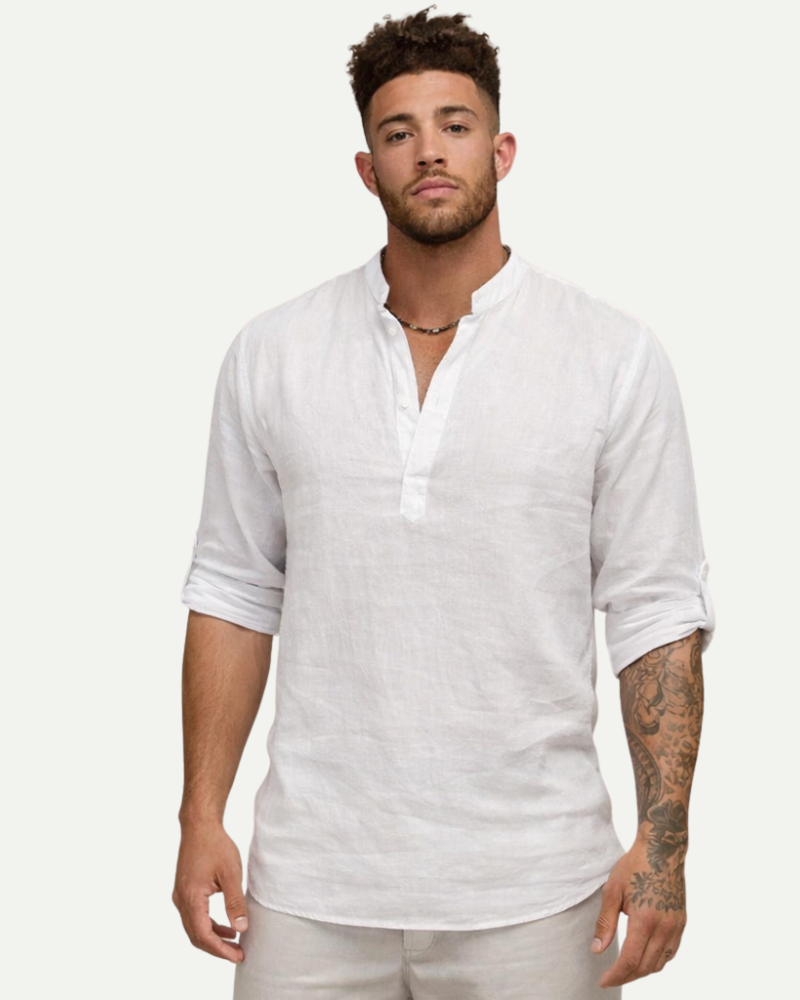 Men's Stand Collar Cotton Pullover Shirt in White – Loose Fit Long Sleeve | Aveloire