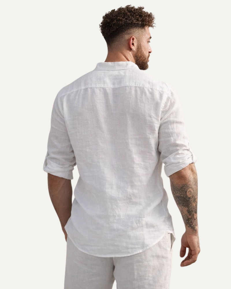 Men's Stand Collar Cotton Pullover Shirt in White – Loose Fit Long Sleeve | Aveloire
