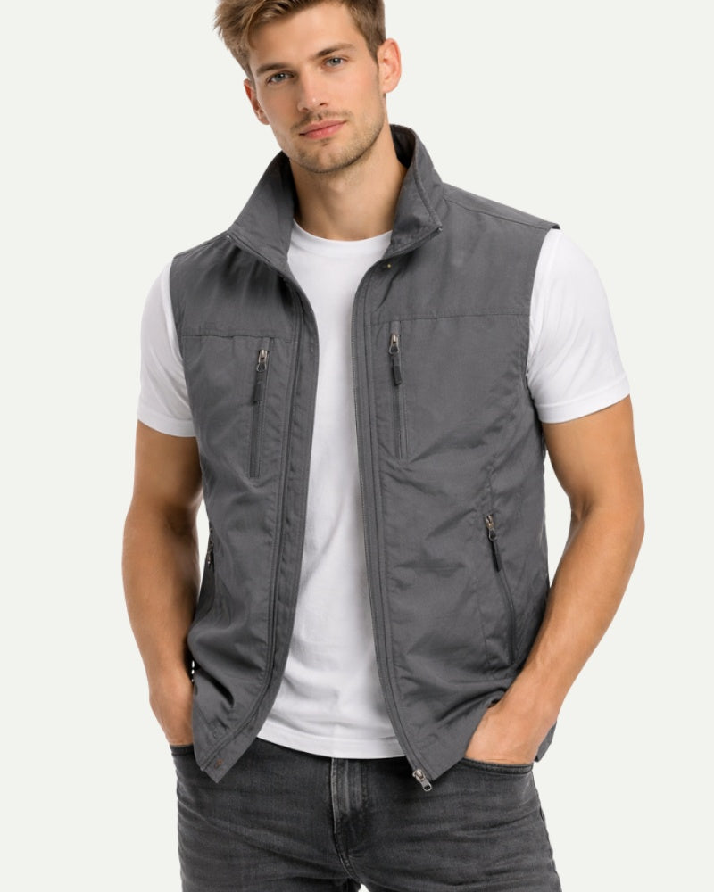 Men's Stand Collar Zip-Up Vest in Black – Zip Closure, Nylon Shell | Aveloire