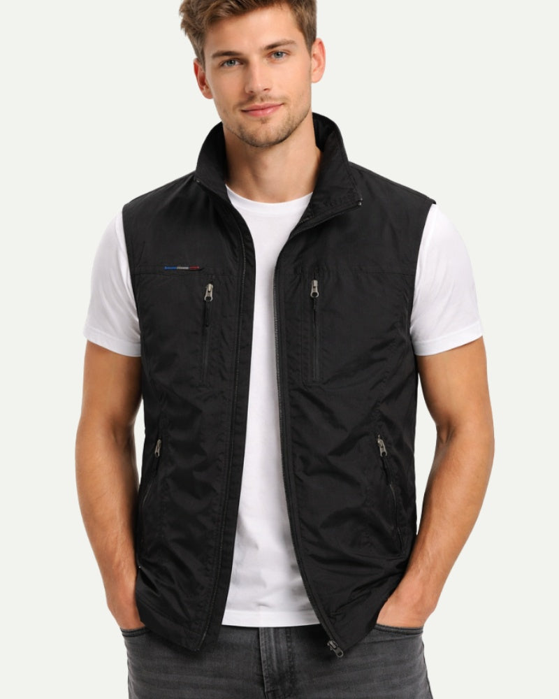 Men's Stand Collar Zip-Up Vest in Black – Zip Closure, Nylon Shell | Aveloire