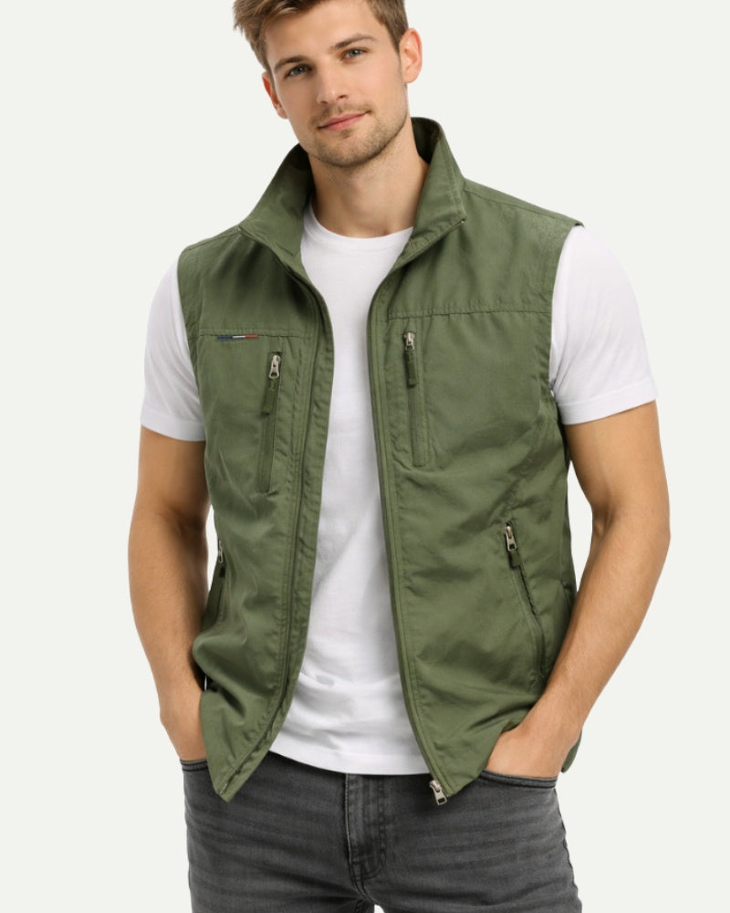 Men's Stand Collar Zip-Up Vest in Grey – Zip Closure, Nylon Shell | Aveloire