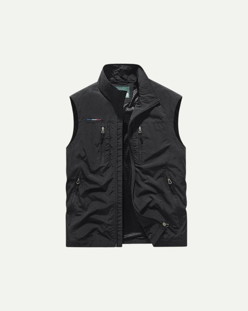 Men's Stand Collar Zip-Up Vest in Khaki – Zip Closure, Nylon Shell | Aveloire