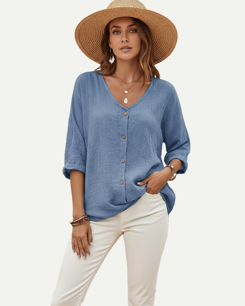 Women's V-Neck Button-Up Blouse in Blue – Loose Fit, Lightweight | Aveloire
