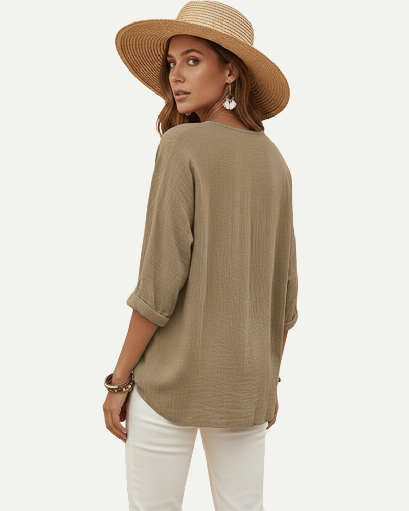Women's V-Neck Button-Up Blouse in Khaki – Loose Fit, Lightweight | Aveloire
