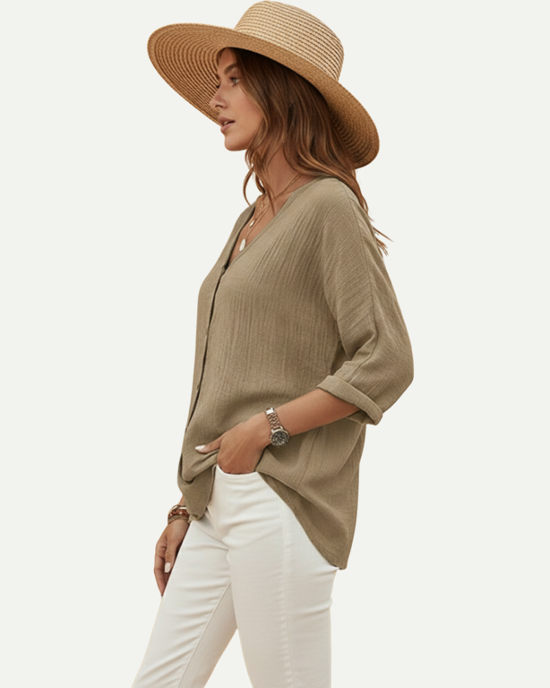 Women's V-Neck Button-Up Blouse in Khaki – Loose Fit, Lightweight | Aveloire