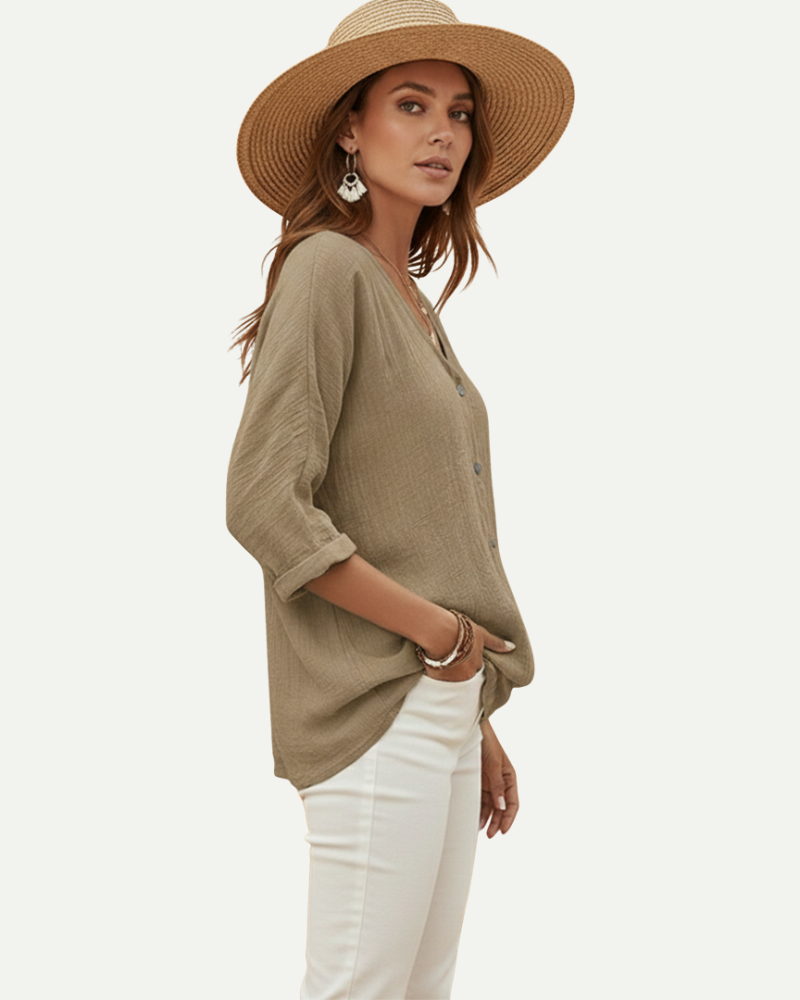 Women's V-Neck Button-Up Blouse in Khaki – Loose Fit, Lightweight | Aveloire