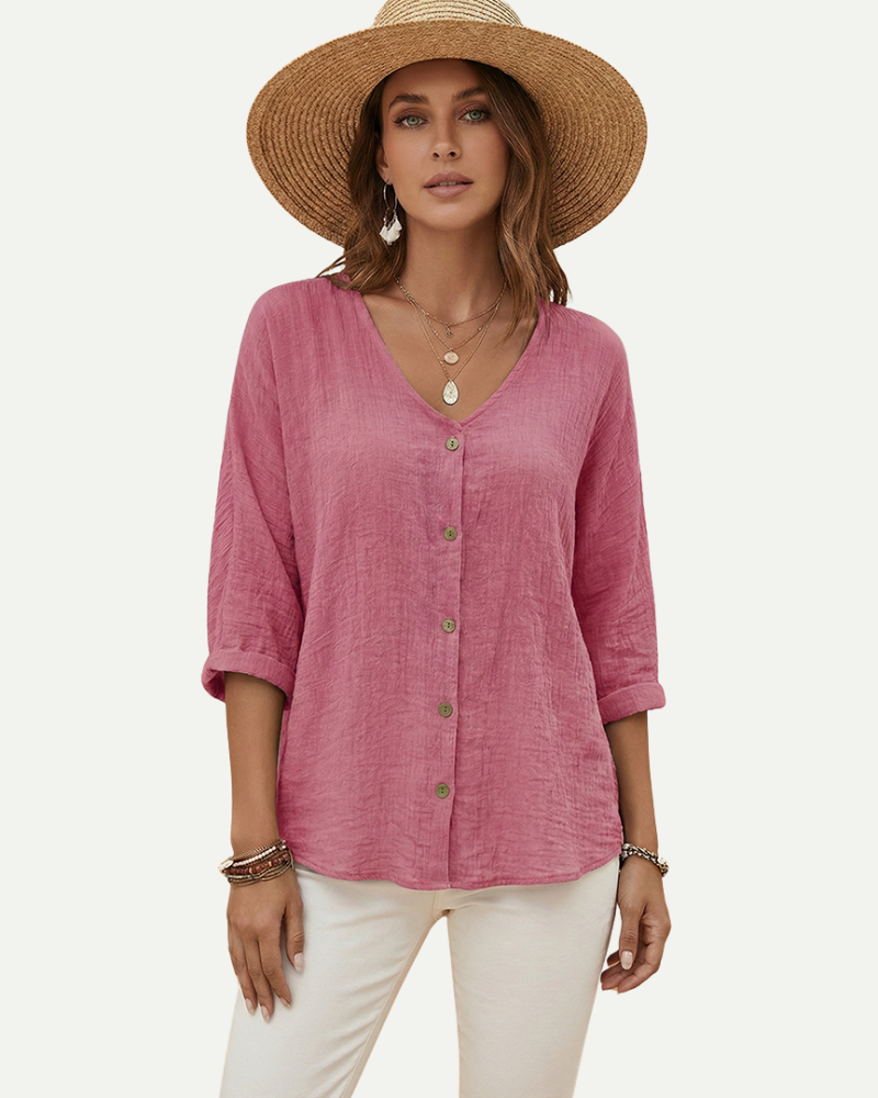 Women's V-Neck Button-Up Blouse in Pink – Loose Fit, Lightweight | Aveloire