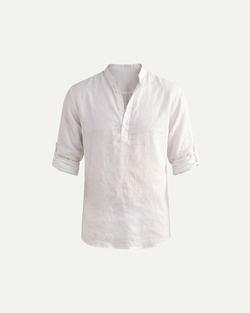 White shirt with a V-neck and rolled-up sleeves on a white background