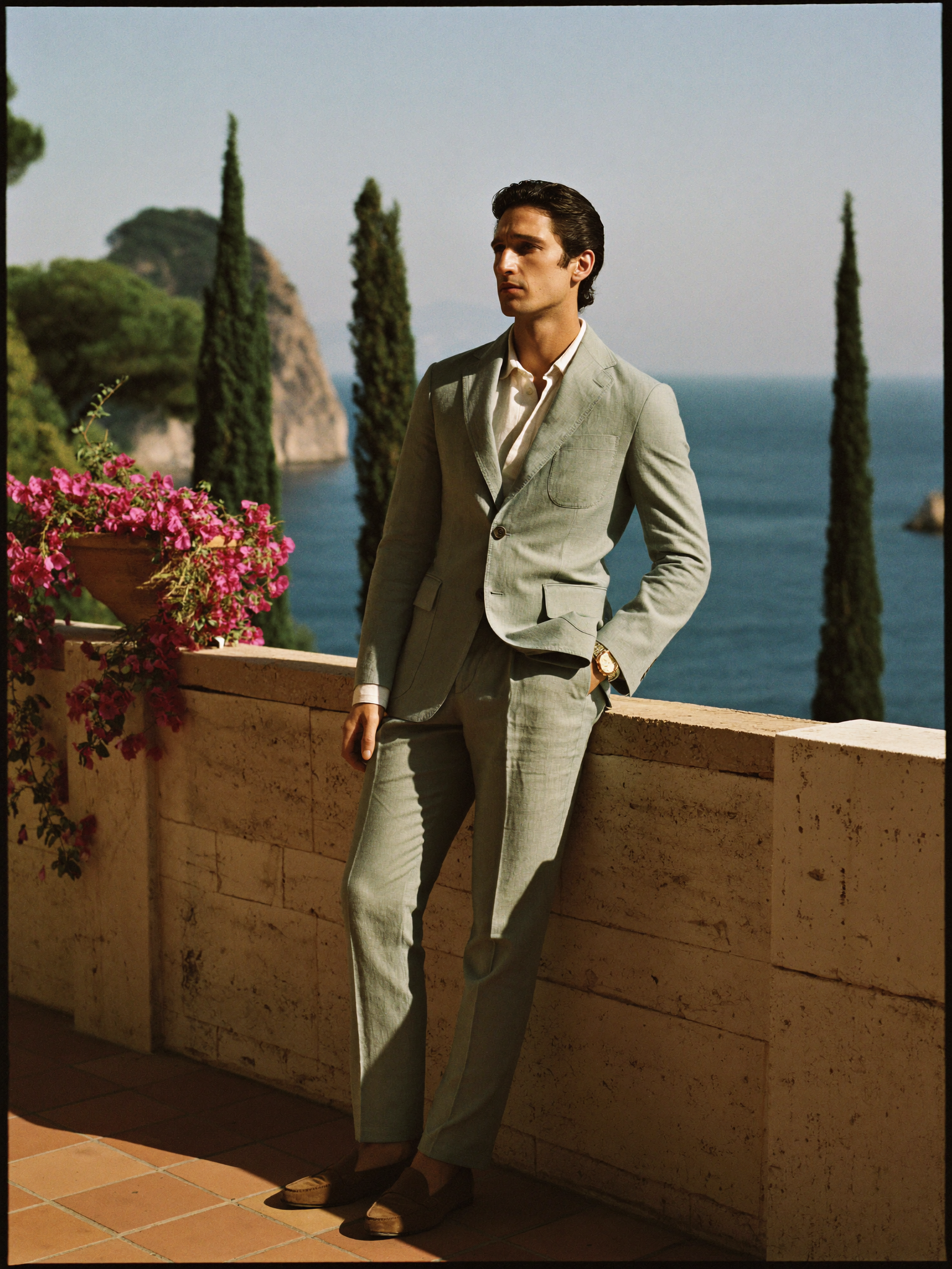 Men's Aveloire Valmont slim-fit linen suit in light green — full-length on a Lake Como terrace