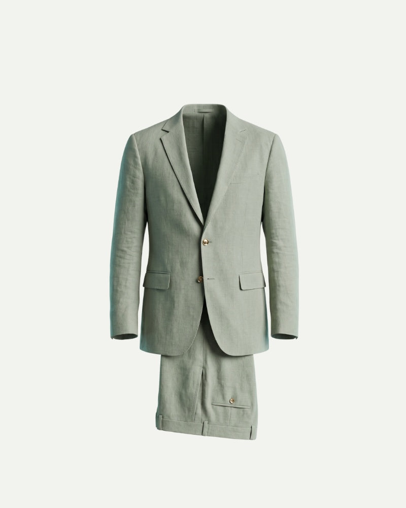 Men's Aveloire Valmont slim-fit linen suit in light green — single-breasted notch-lapel two-piece