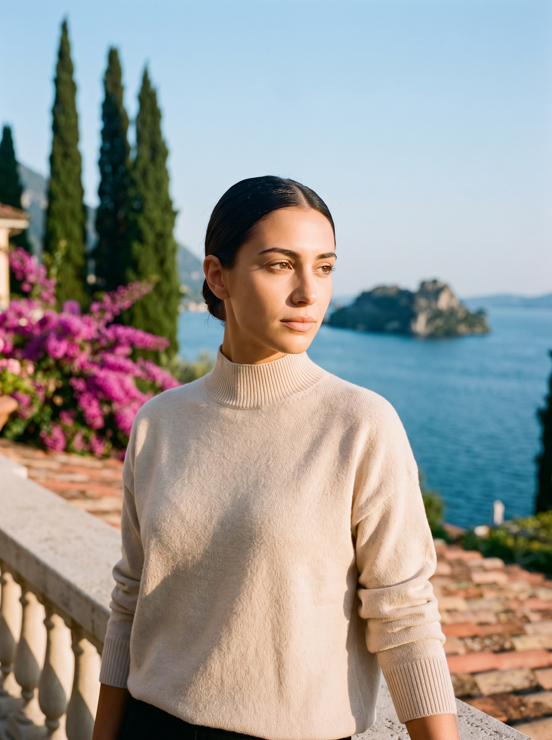 Woman wearing a beige mock-neck jumper on a terrace overlooking Lake Como — Aveloire