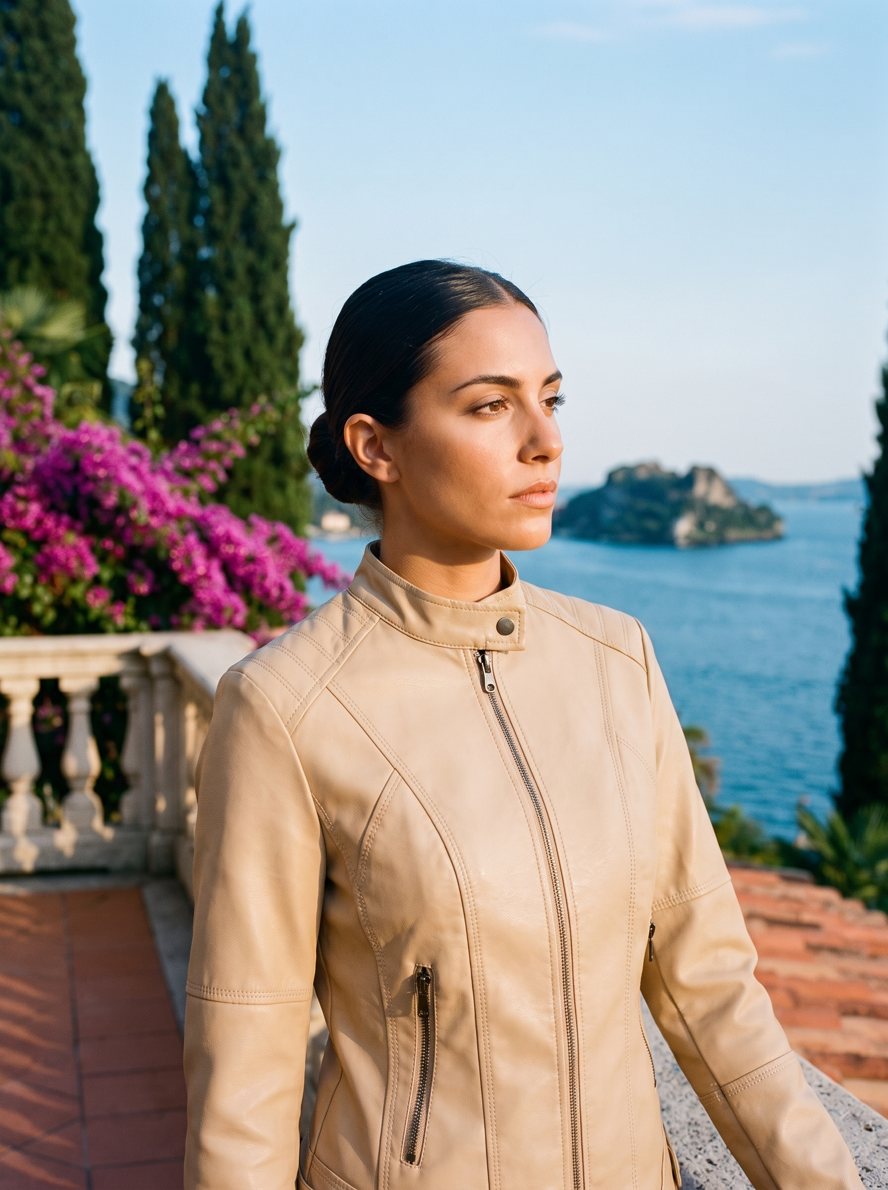 Woman wearing beige sleek jacket on a Lake Como terrace — Aveloire