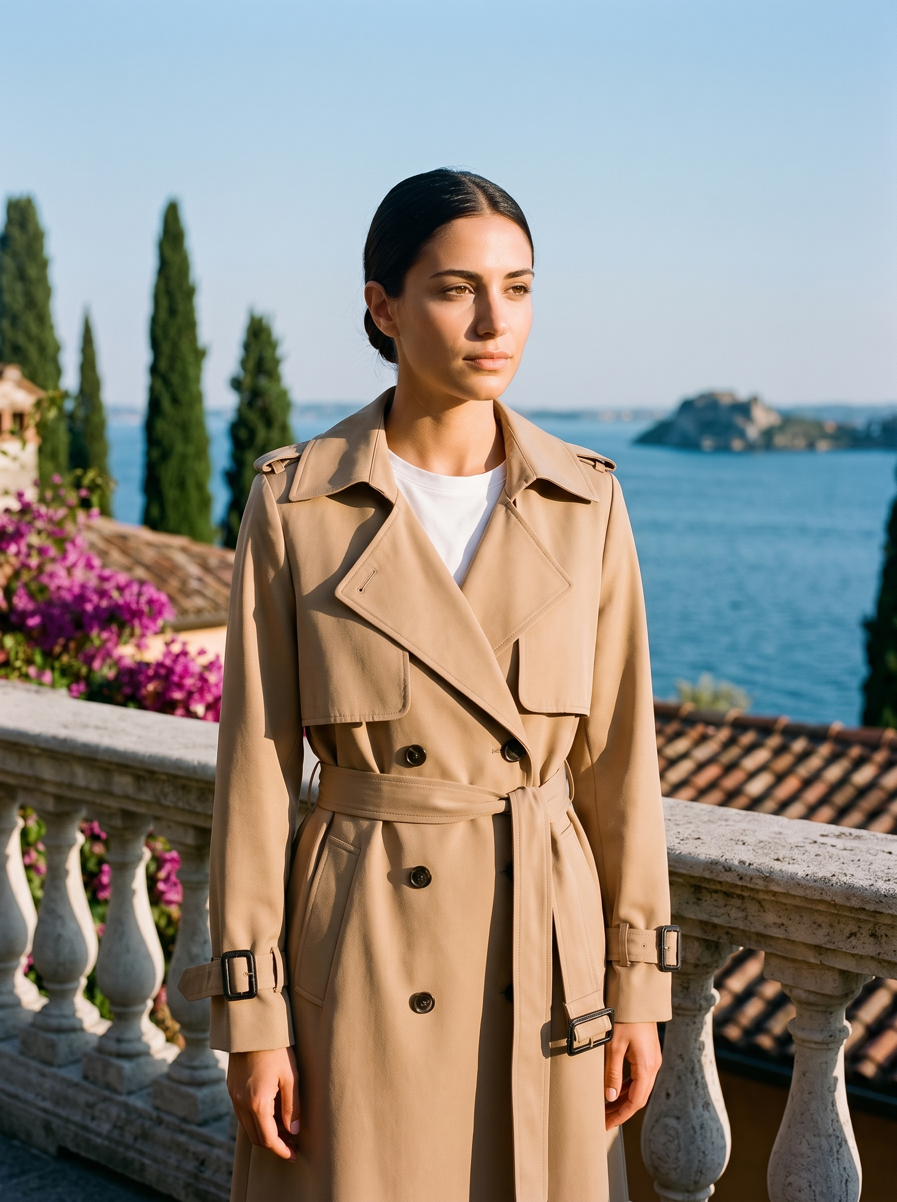 Woman wearing a beige trench coat on a terrace overlooking Lake Como, old money style — Aveloire
