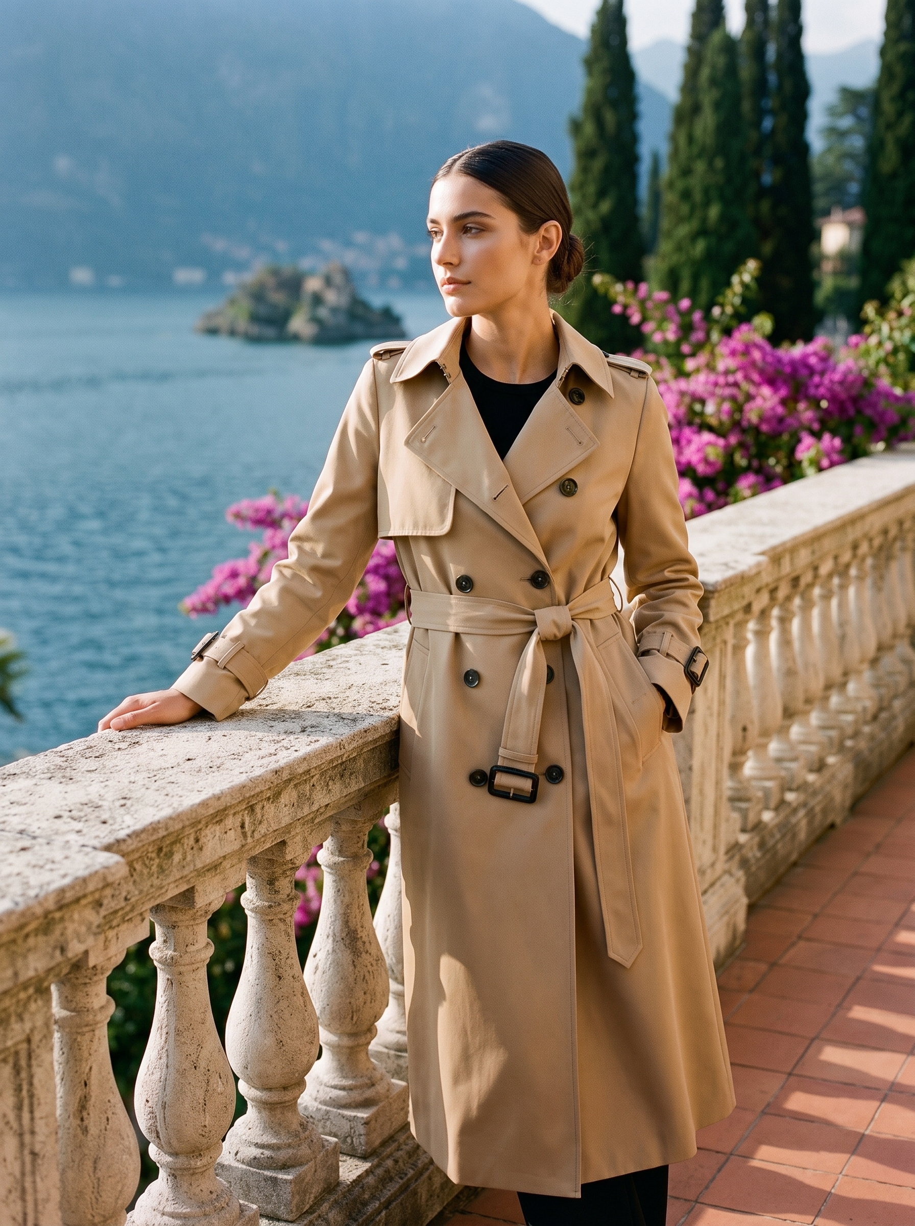 Woman wearing a beige double-breasted belted trench coat on a Lake Como terrace — Aveloire