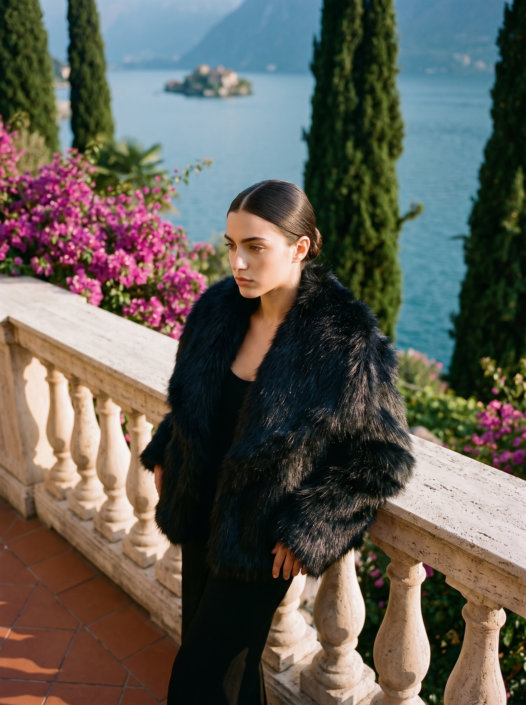 Woman wearing a black cropped faux fur coat on a Lake Como terrace — Aveloire