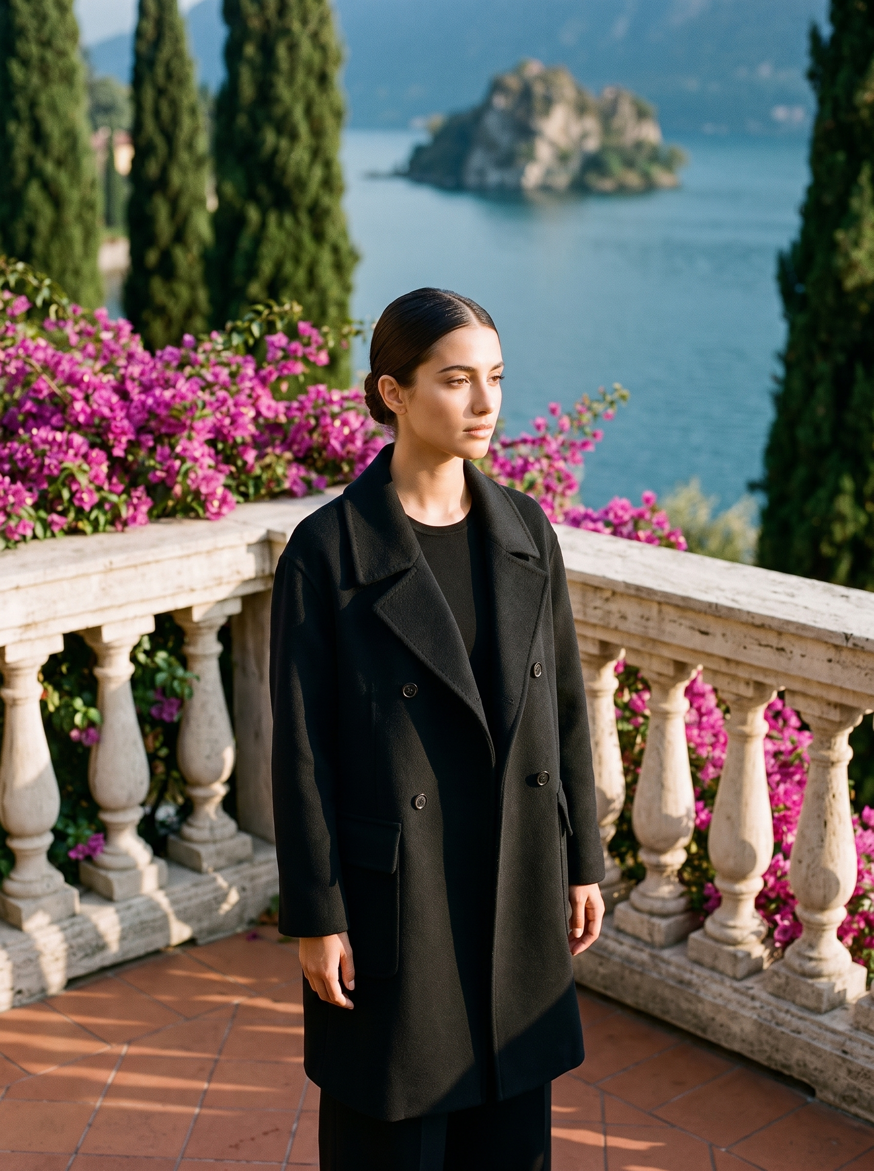 Woman wearing a black double-breasted wool coat on a Lake Como terrace — Aveloire