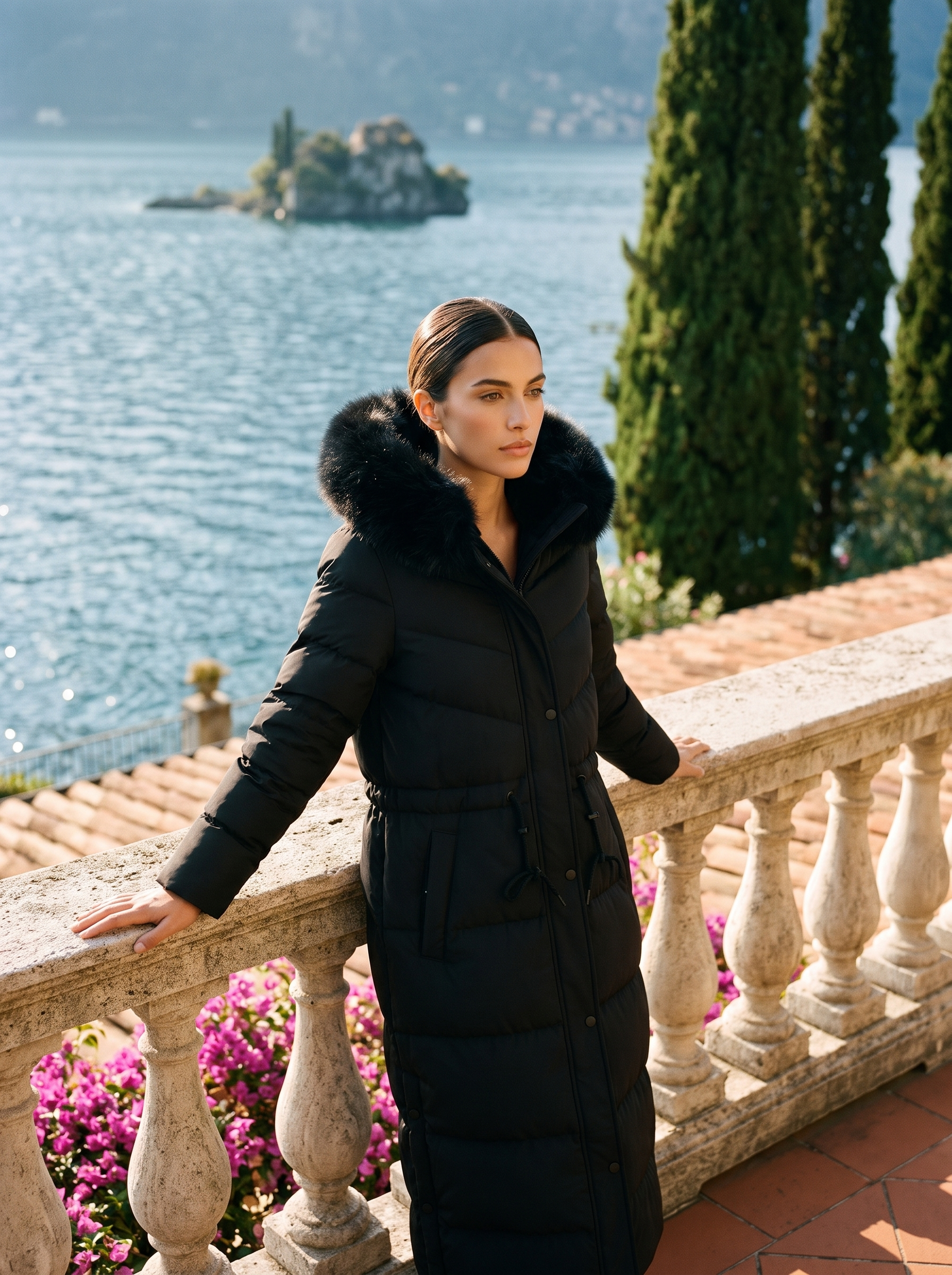 Woman wearing black fur-hood longline puffer coat on a Lake Como terrace