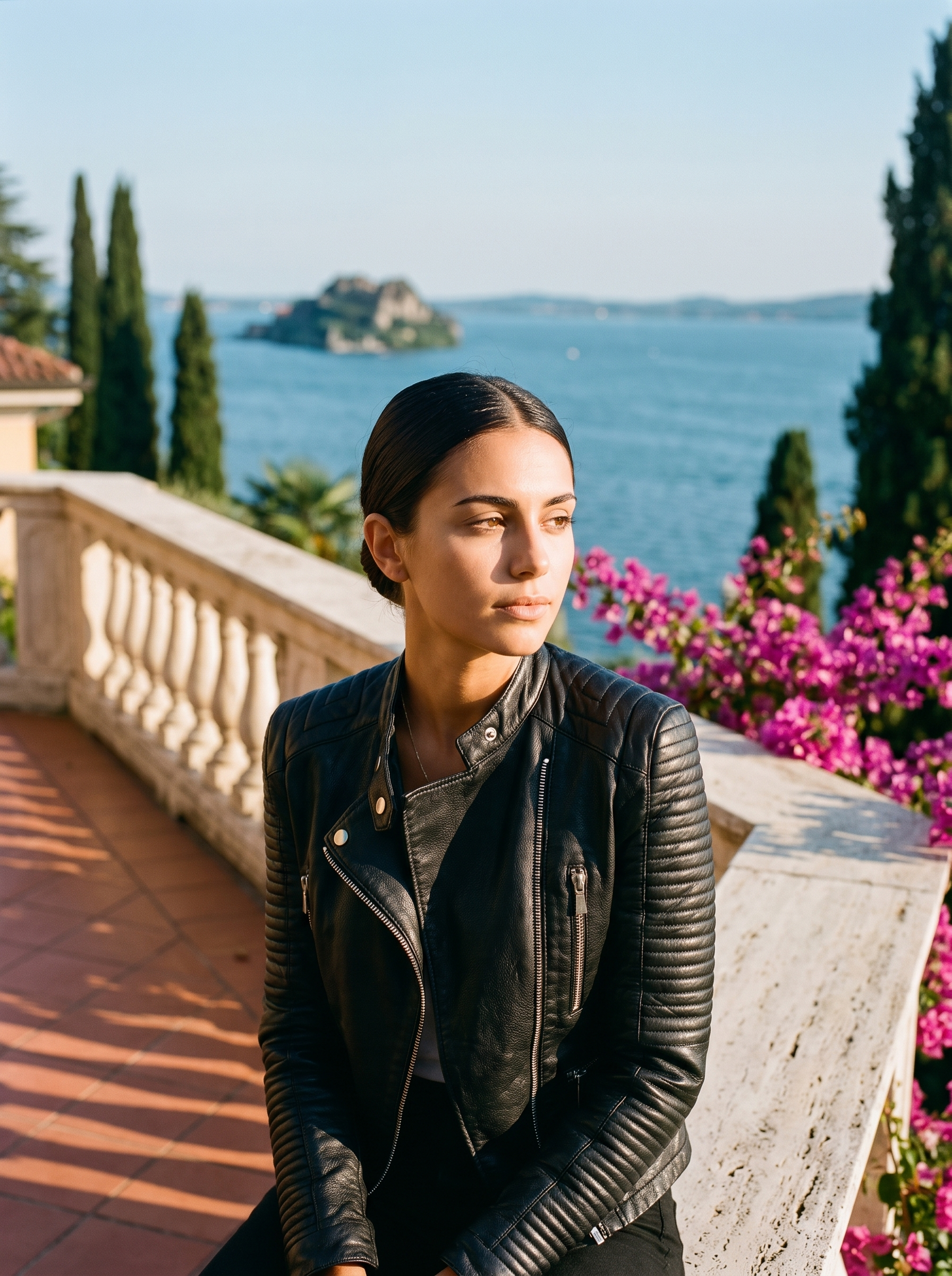 Woman wearing black leather jacket on a Lake Como terrace — Aveloire