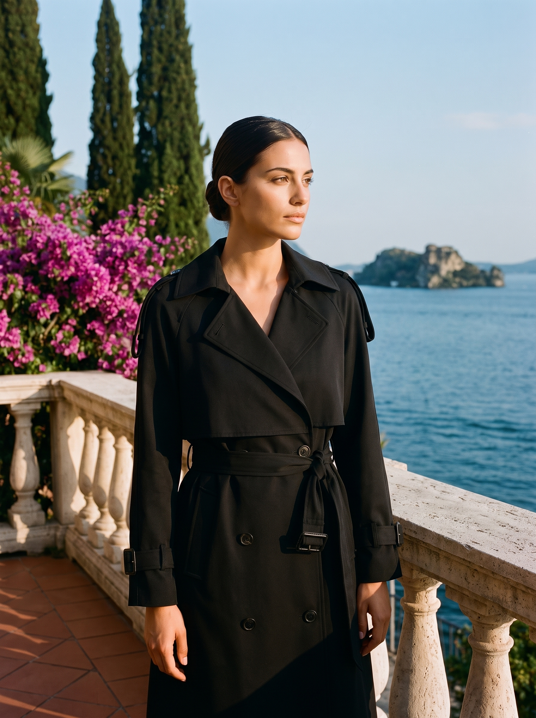 Woman wearing black longline trench coat on a Lake Como terrace — Aveloire