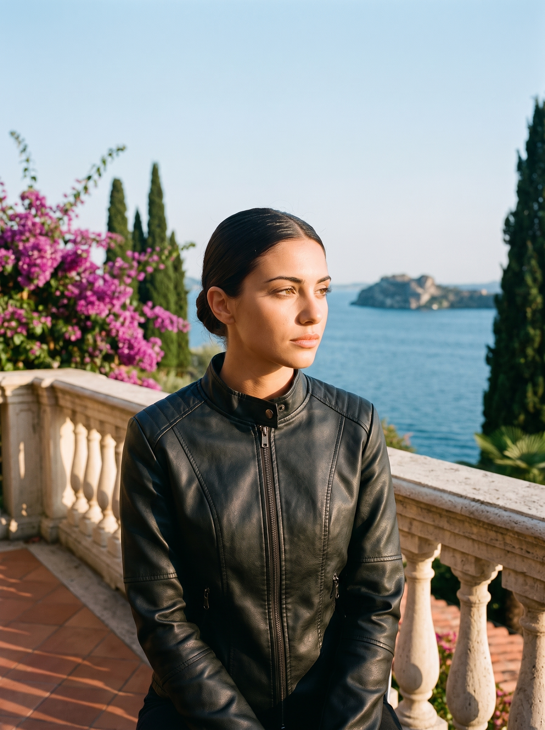 Woman wearing black sleek jacket on a Lake Como terrace — Aveloire