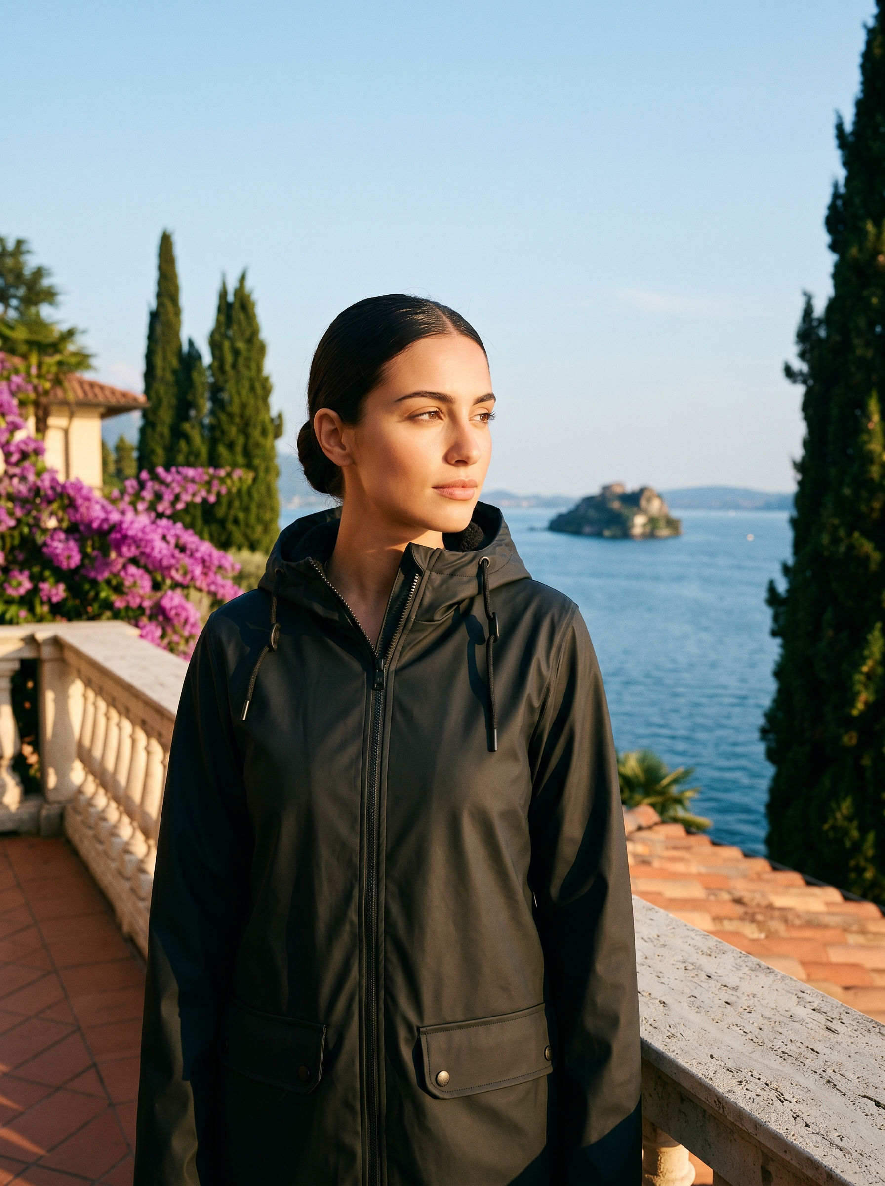 Woman wearing black waterproof rain jacket on a Lake Como terrace — Aveloire