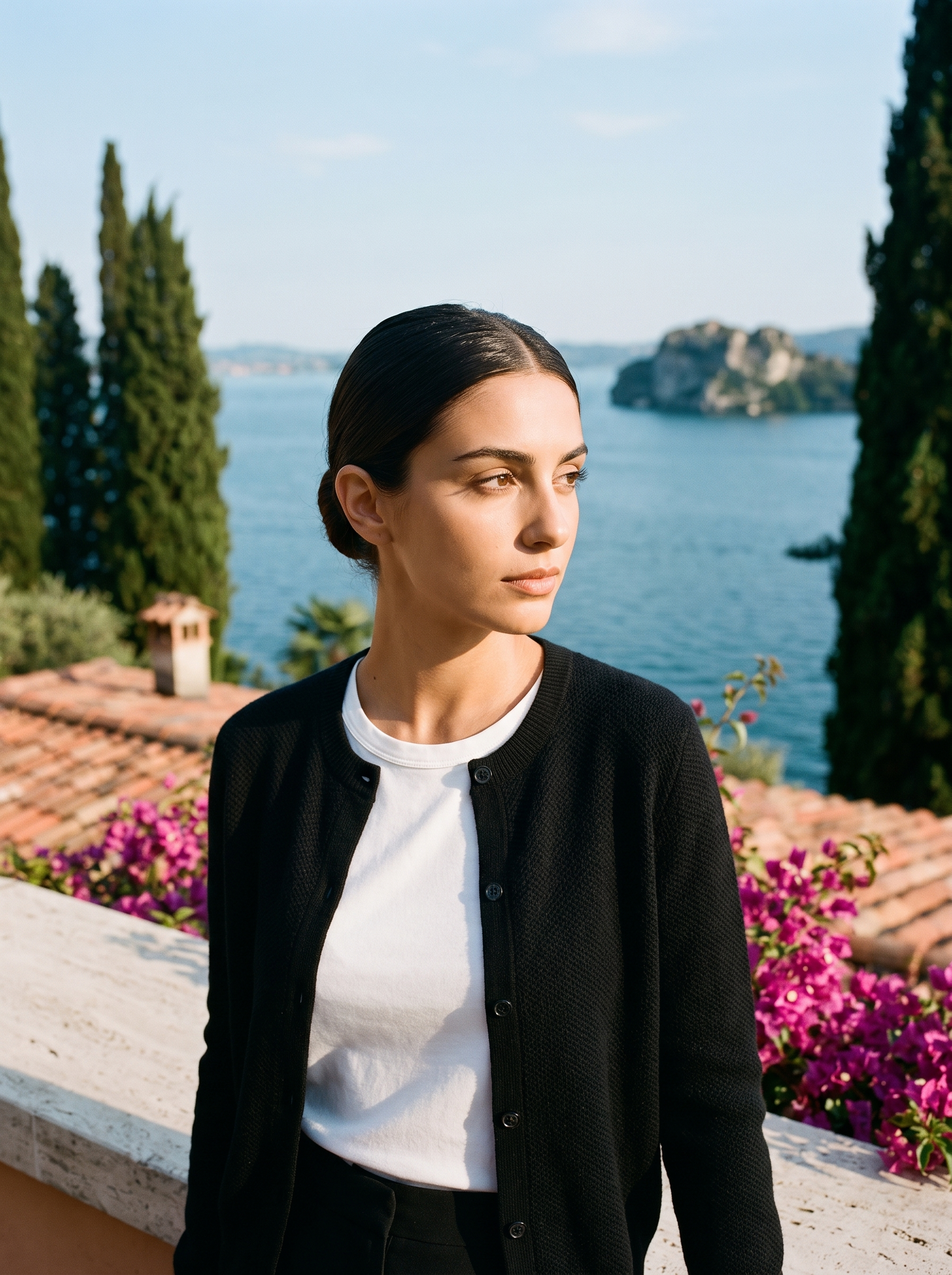 Woman wearing a black wool-blend cardigan on a terrace overlooking Lake Como, old money style — Aveloire