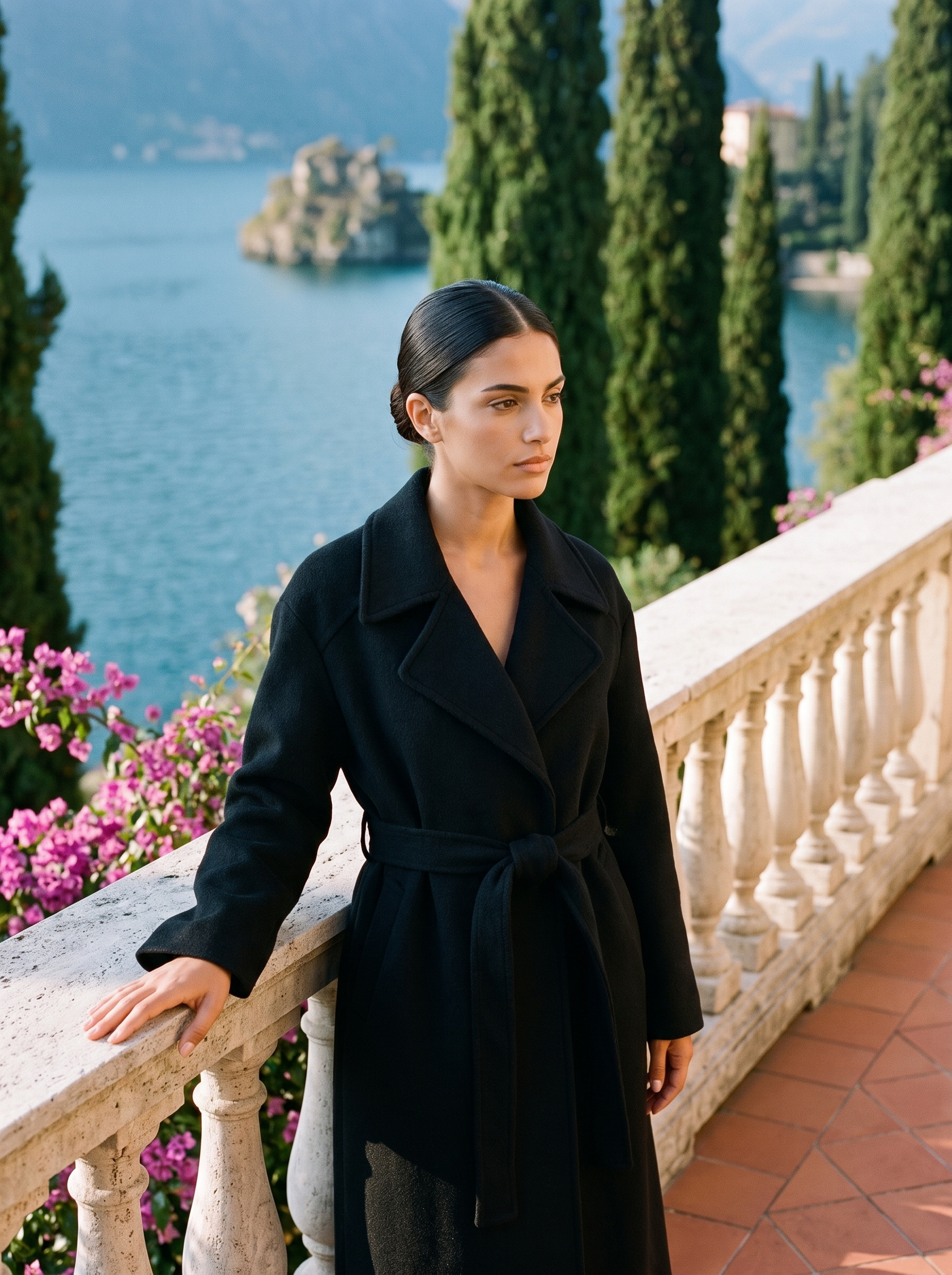Woman wearing black belted wool wrap coat on a Lake Como terrace