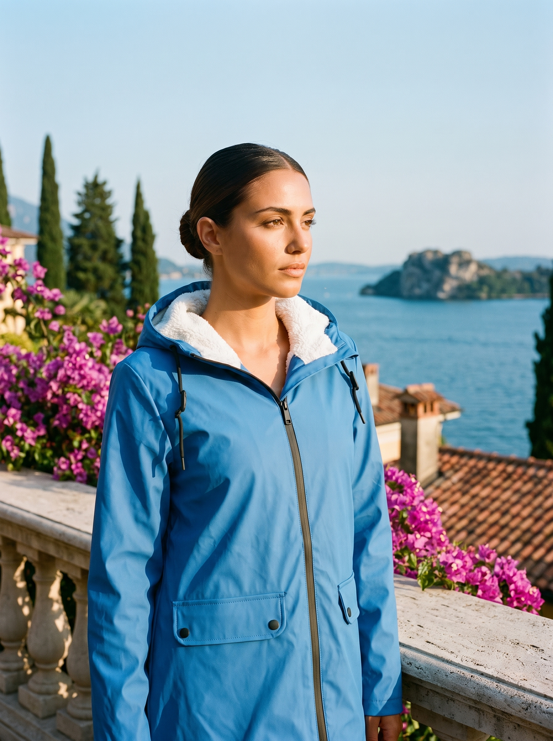Woman wearing blue waterproof rain jacket on a Lake Como terrace — Aveloire