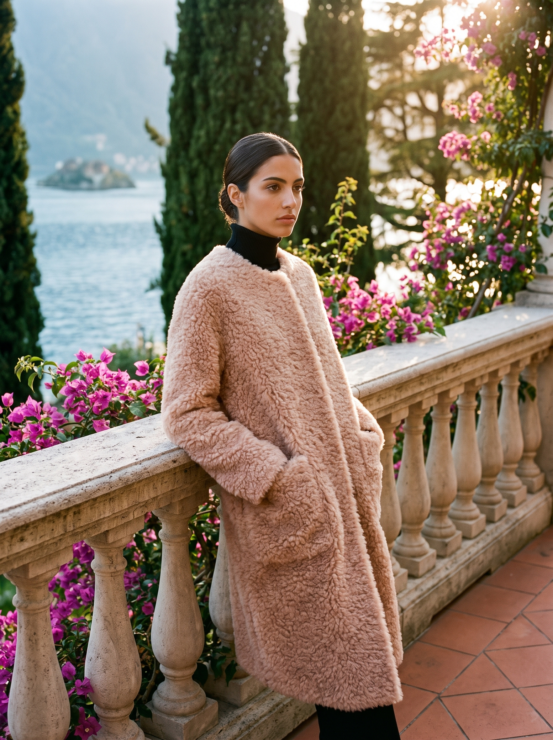 Woman wearing a blush-pink shearling teddy coat on a Lake Como terrace — Aveloire