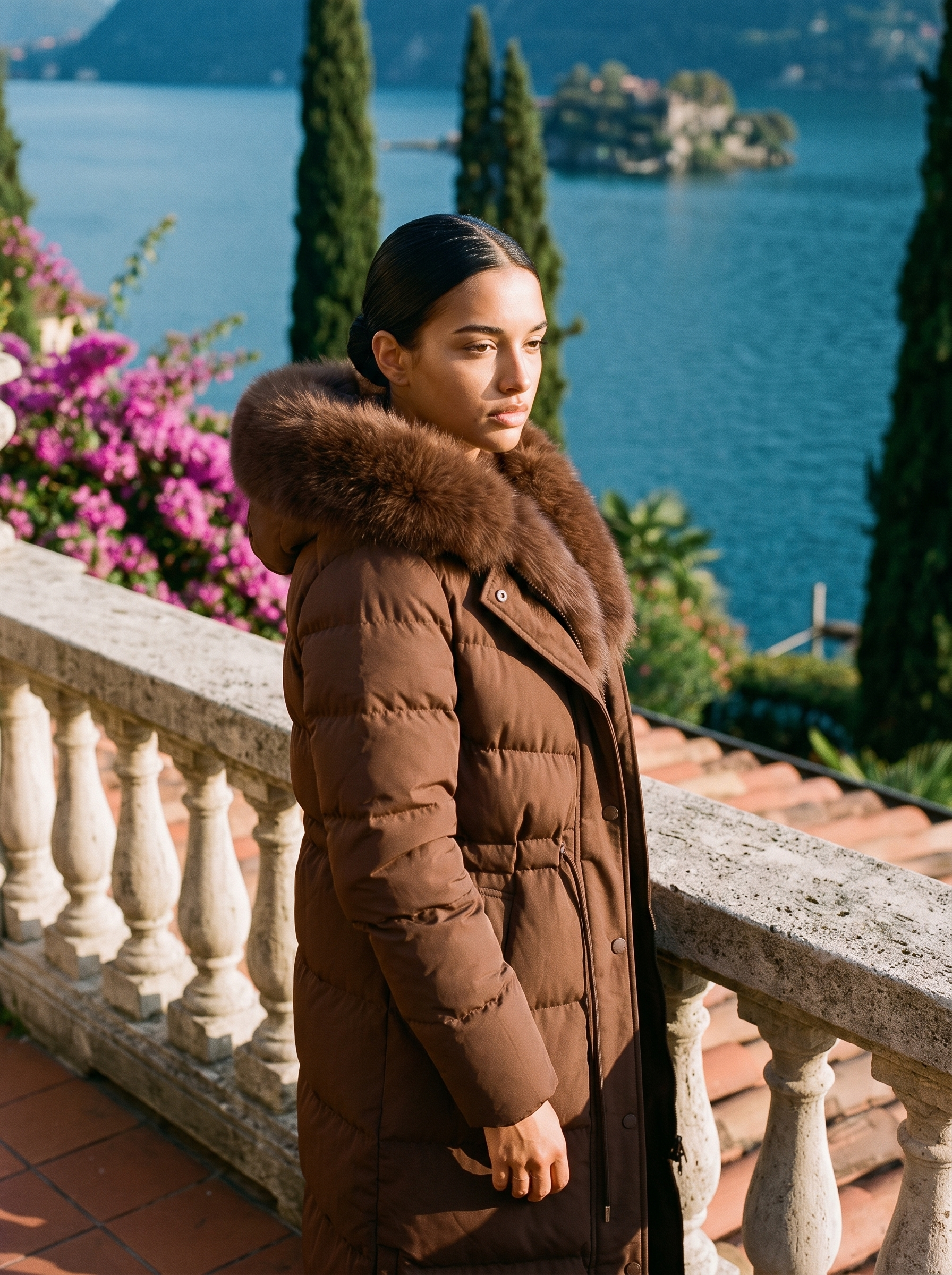 Woman wearing brown fur-hood longline puffer coat on a Lake Como terrace