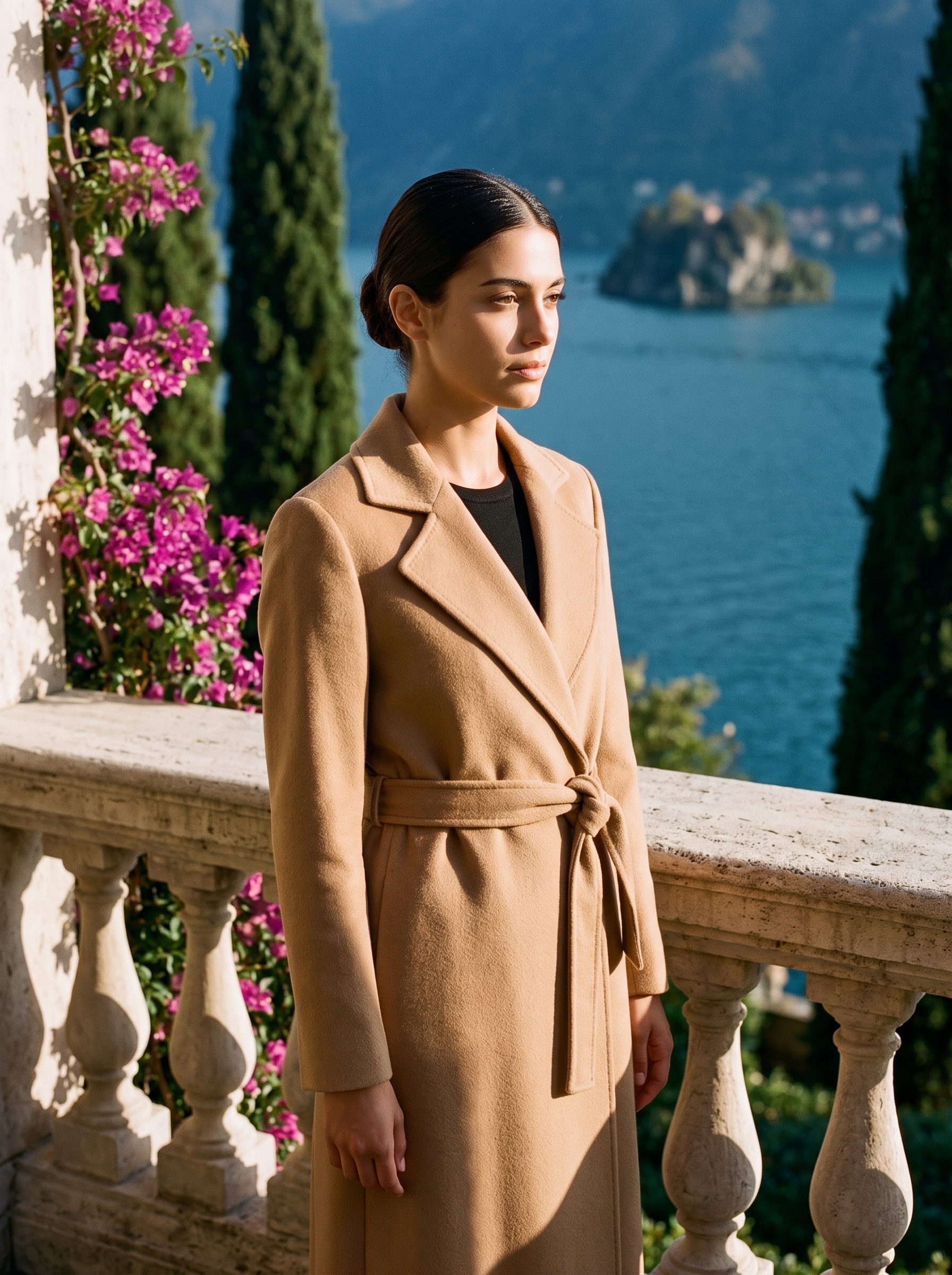 Woman wearing a camel belted wool wrap coat on a Lake Como terrace — Aveloire