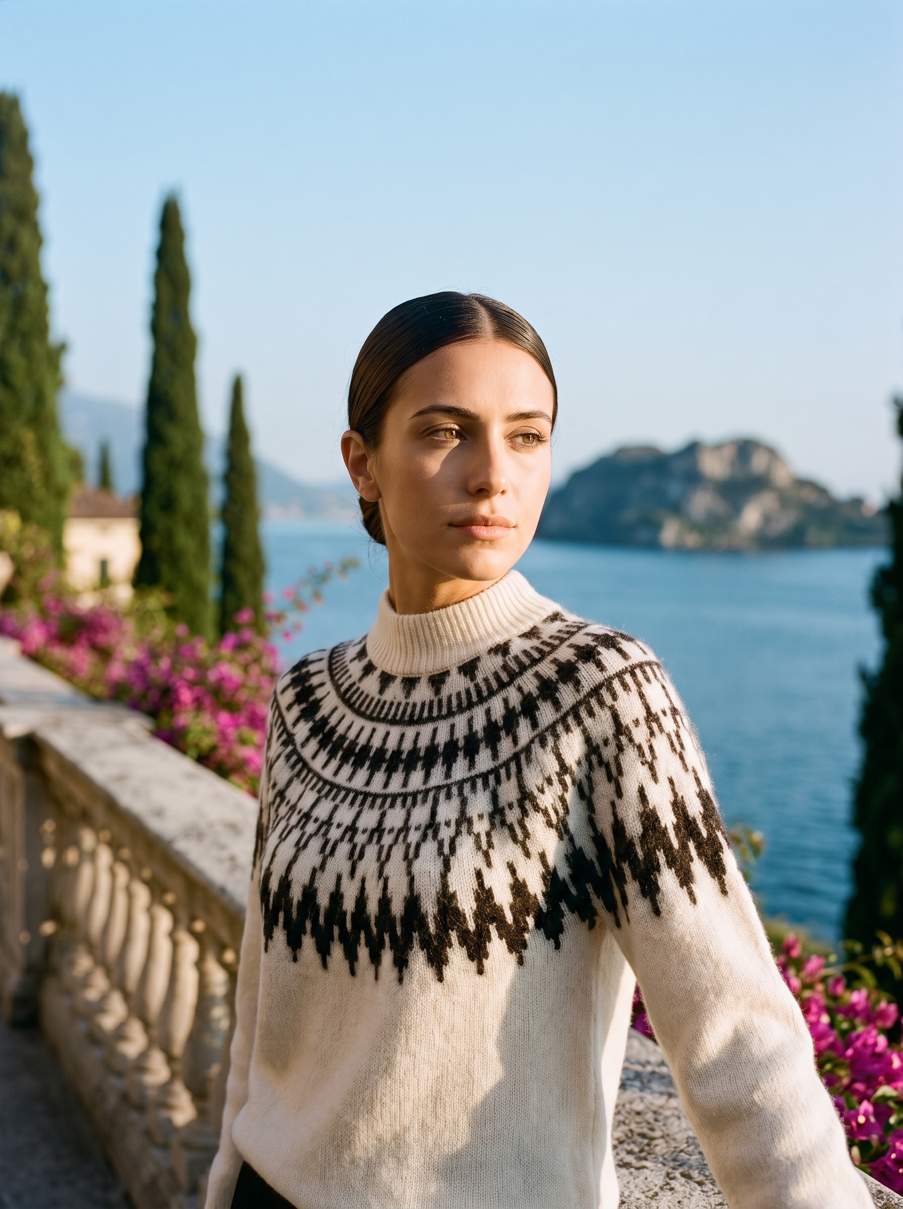 Woman wearing a cream Fair Isle mock-neck jumper on a terrace overlooking Lake Como, old money style — Aveloire