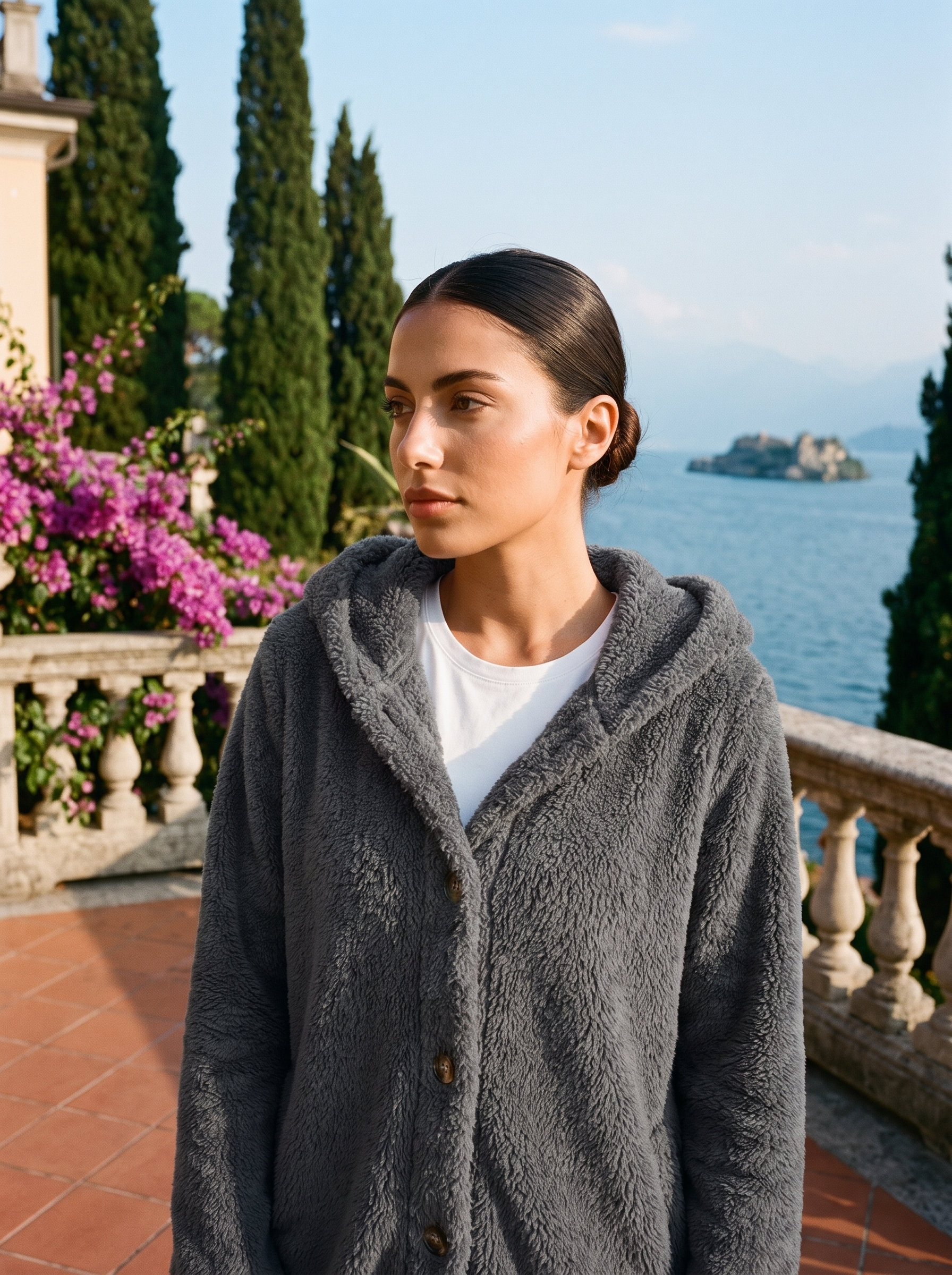 Woman wearing a dark gray hooded cardigan on a terrace overlooking Lake Como, old money style — Aveloire