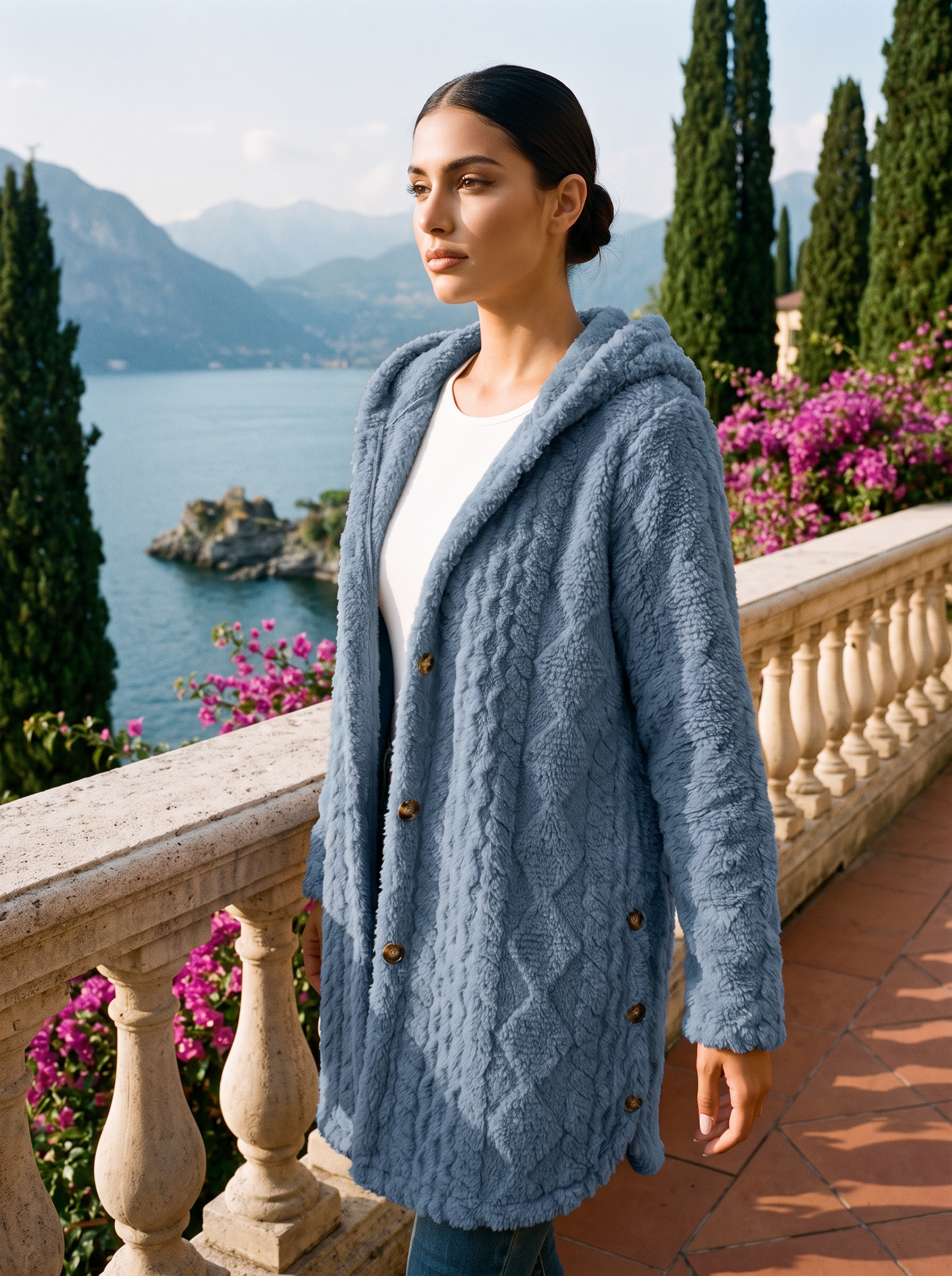 Woman wearing a slate denim-blue plush hooded longline cardigan on a Lake Como terrace — Aveloire