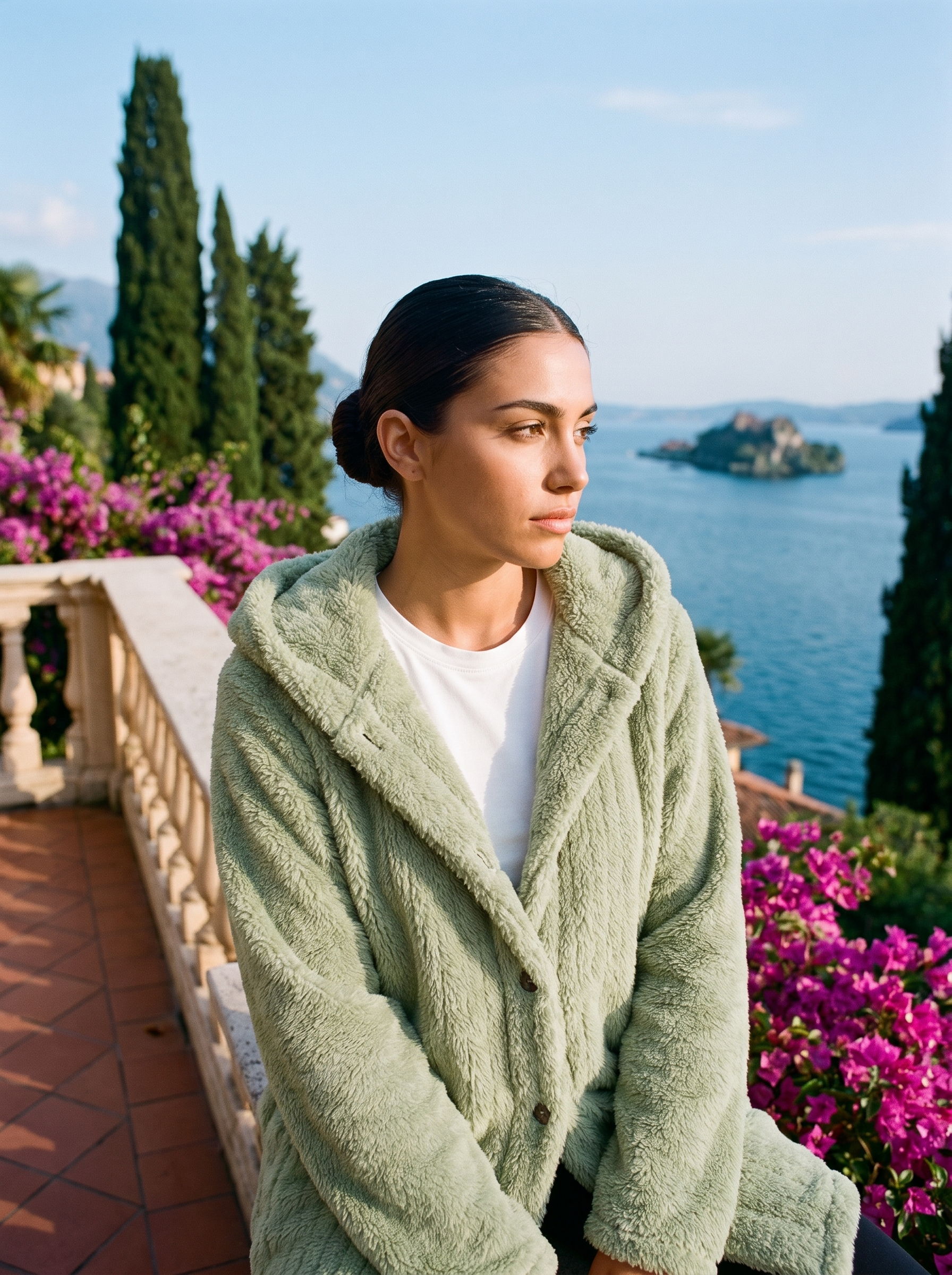 Woman wearing a green hooded cardigan on a terrace overlooking Lake Como, old money style — Aveloire