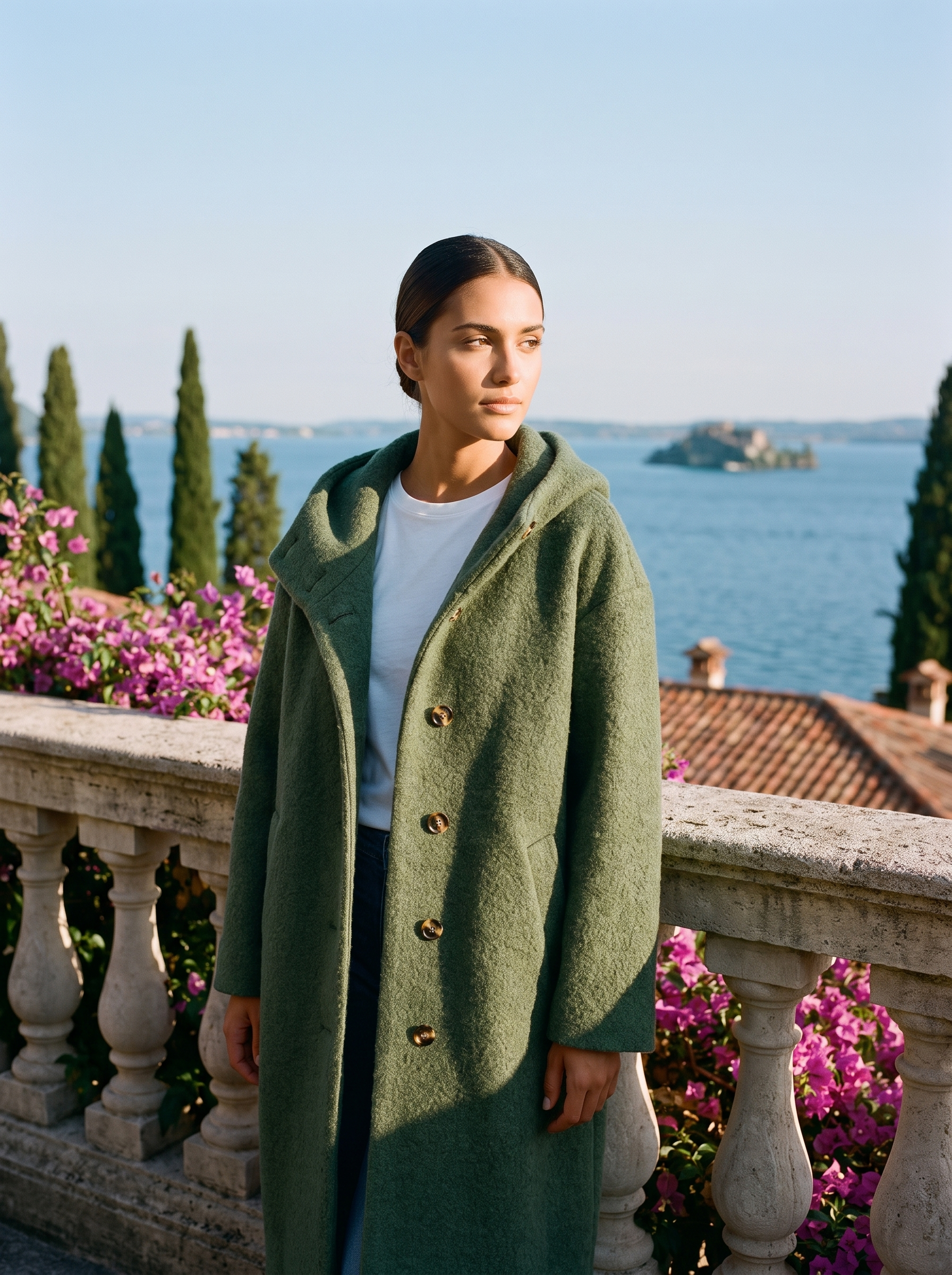 Woman wearing a green hooded wool coat on a terrace overlooking Lake Como, old money style — Aveloire