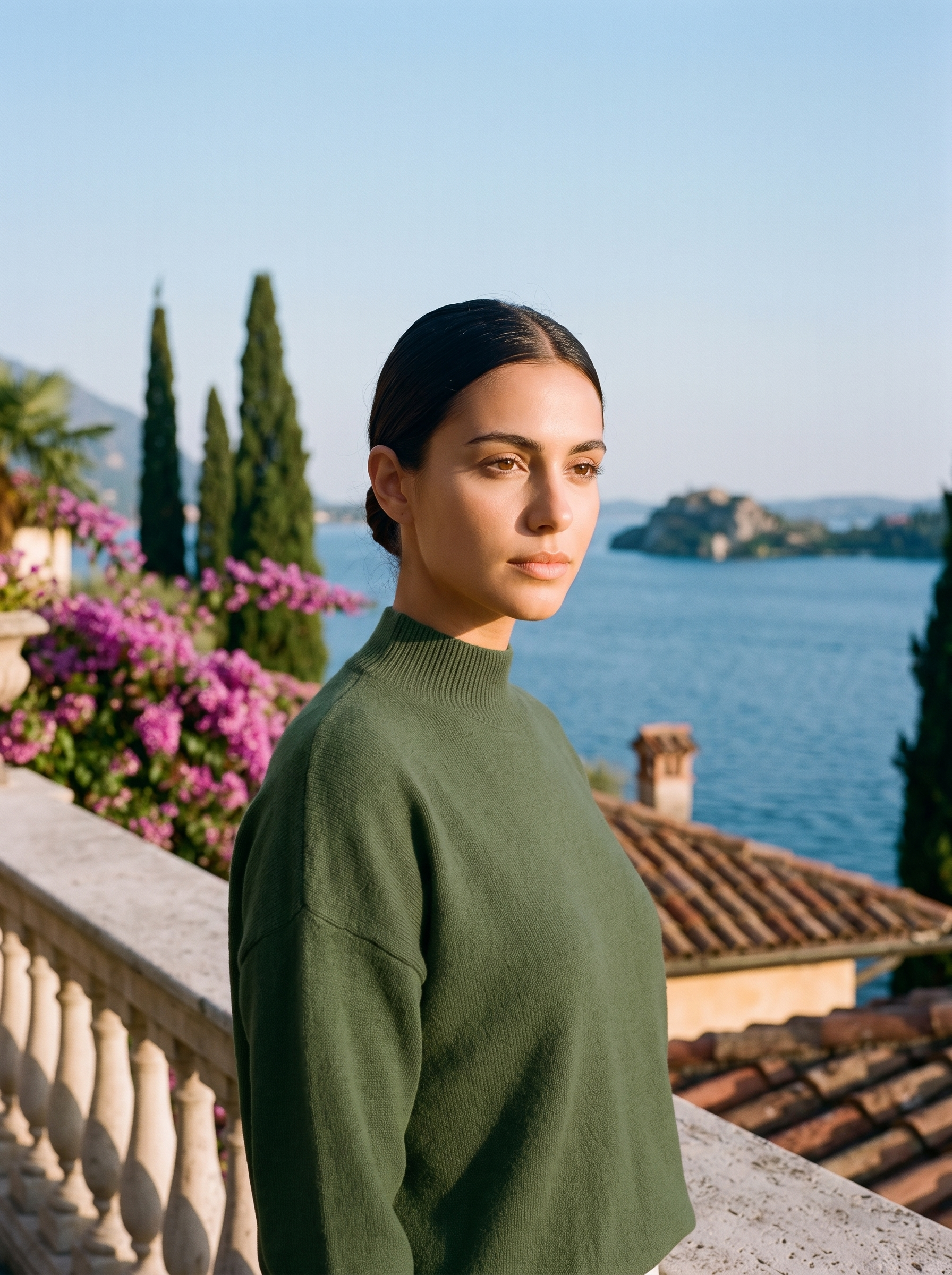 Woman wearing a green mock-neck jumper on a terrace overlooking Lake Como — Aveloire