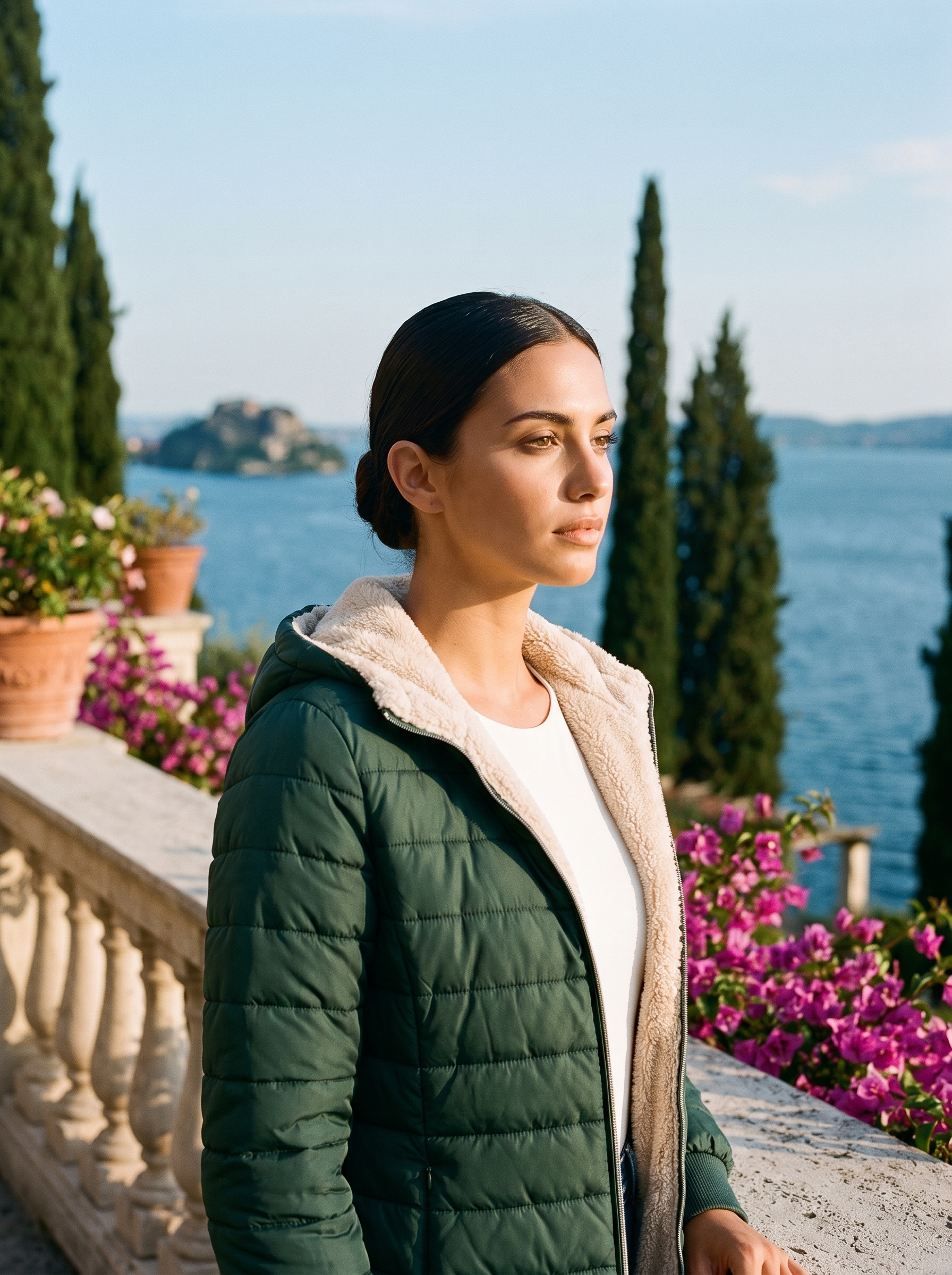 Woman wearing green sherpa winter coat on a Lake Como terrace — Aveloire