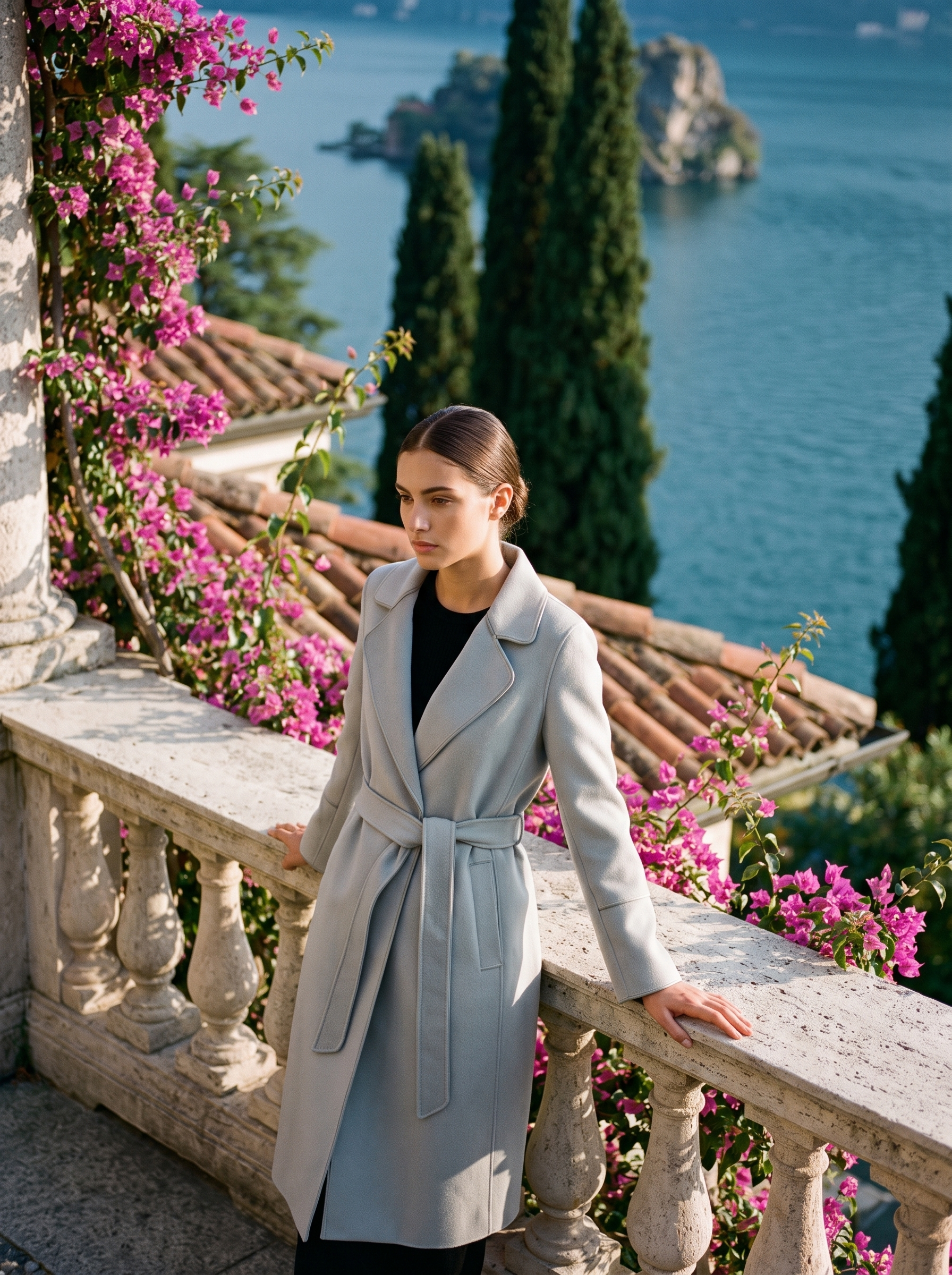 Woman wearing a dove-grey wool wrap coat on a Lake Como terrace — Aveloire