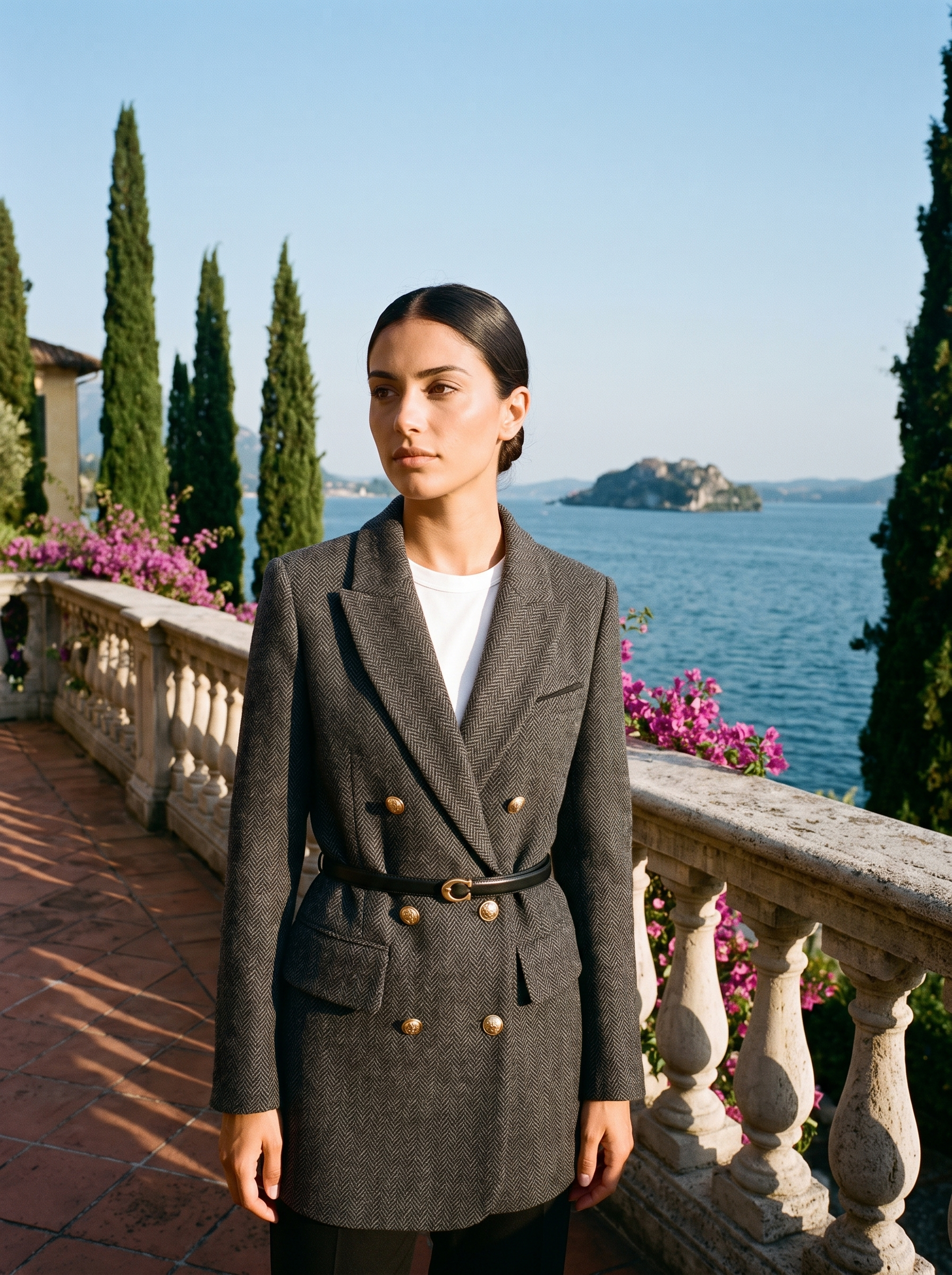 Woman wearing a belted grey tweed blazer on a terrace overlooking Lake Como — Aveloire