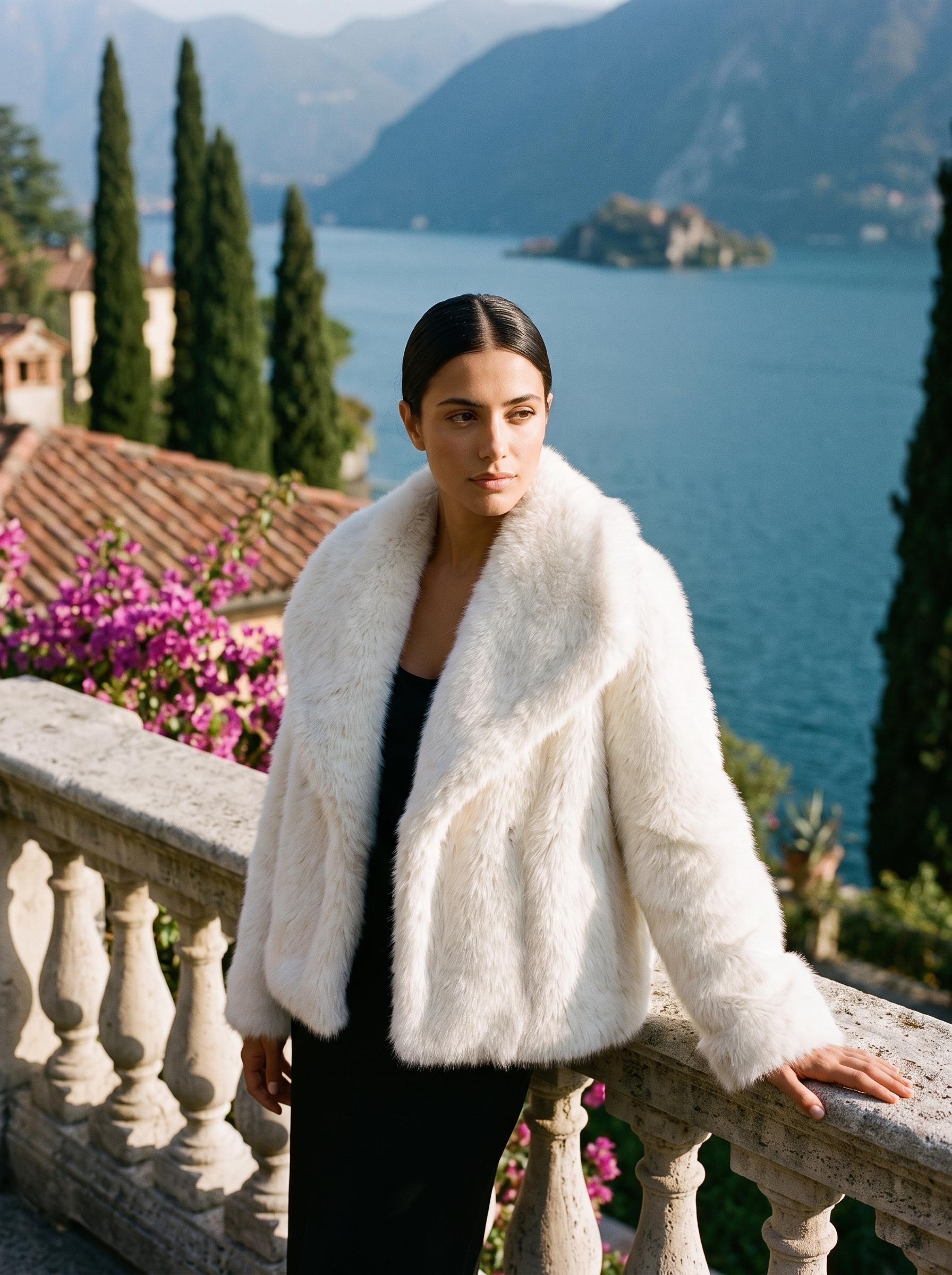 Woman wearing an ivory-white cropped faux fur coat on a Lake Como terrace — Aveloire