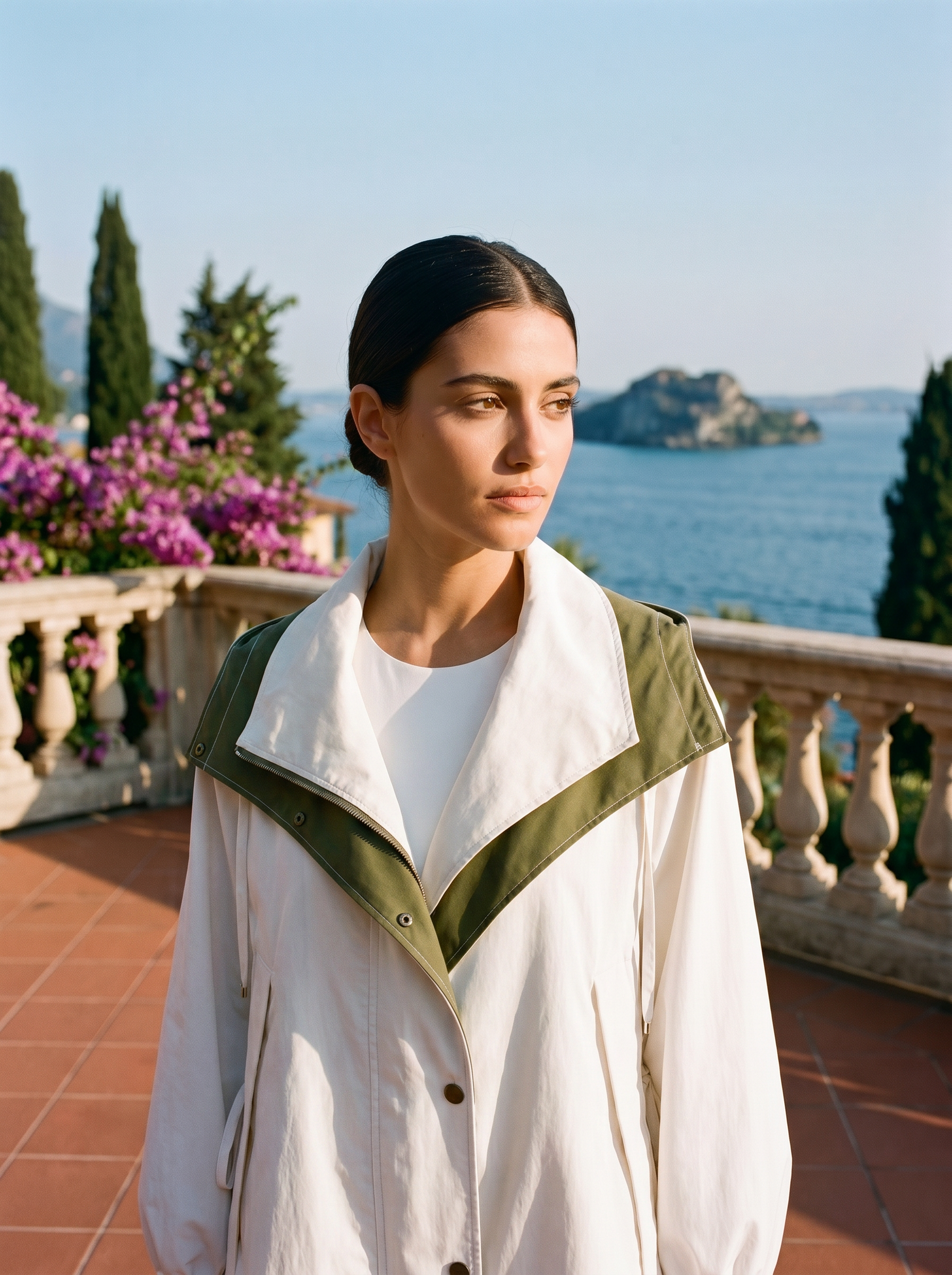 Woman wearing an ivory draped-collar windbreaker jacket with green inner-collar accents on a Lake Como terrace — Aveloire