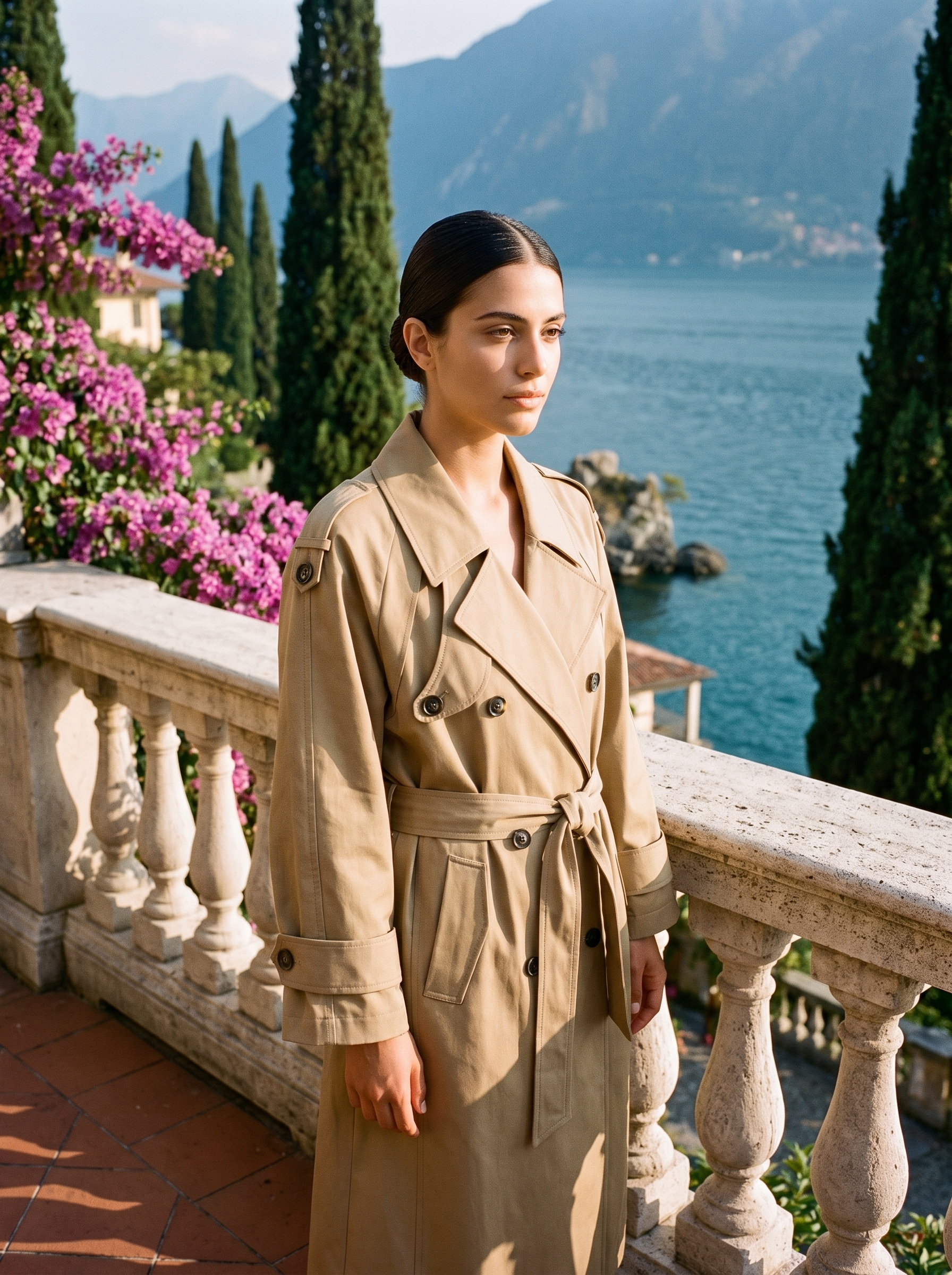 Woman wearing khaki oversized double-breasted belted trench coat on a Lake Como terrace