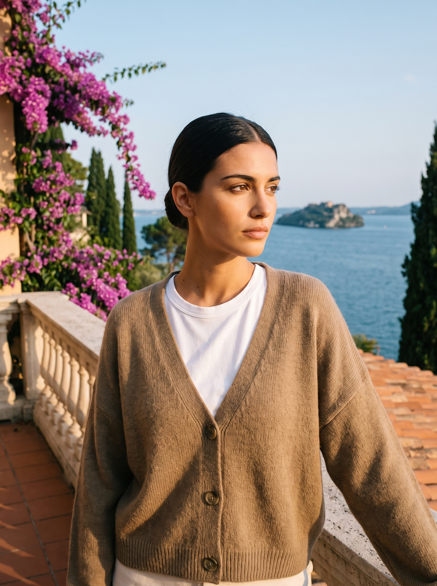 Woman wearing a khaki V-neck cardigan on a terrace overlooking Lake Como, old money style — Aveloire