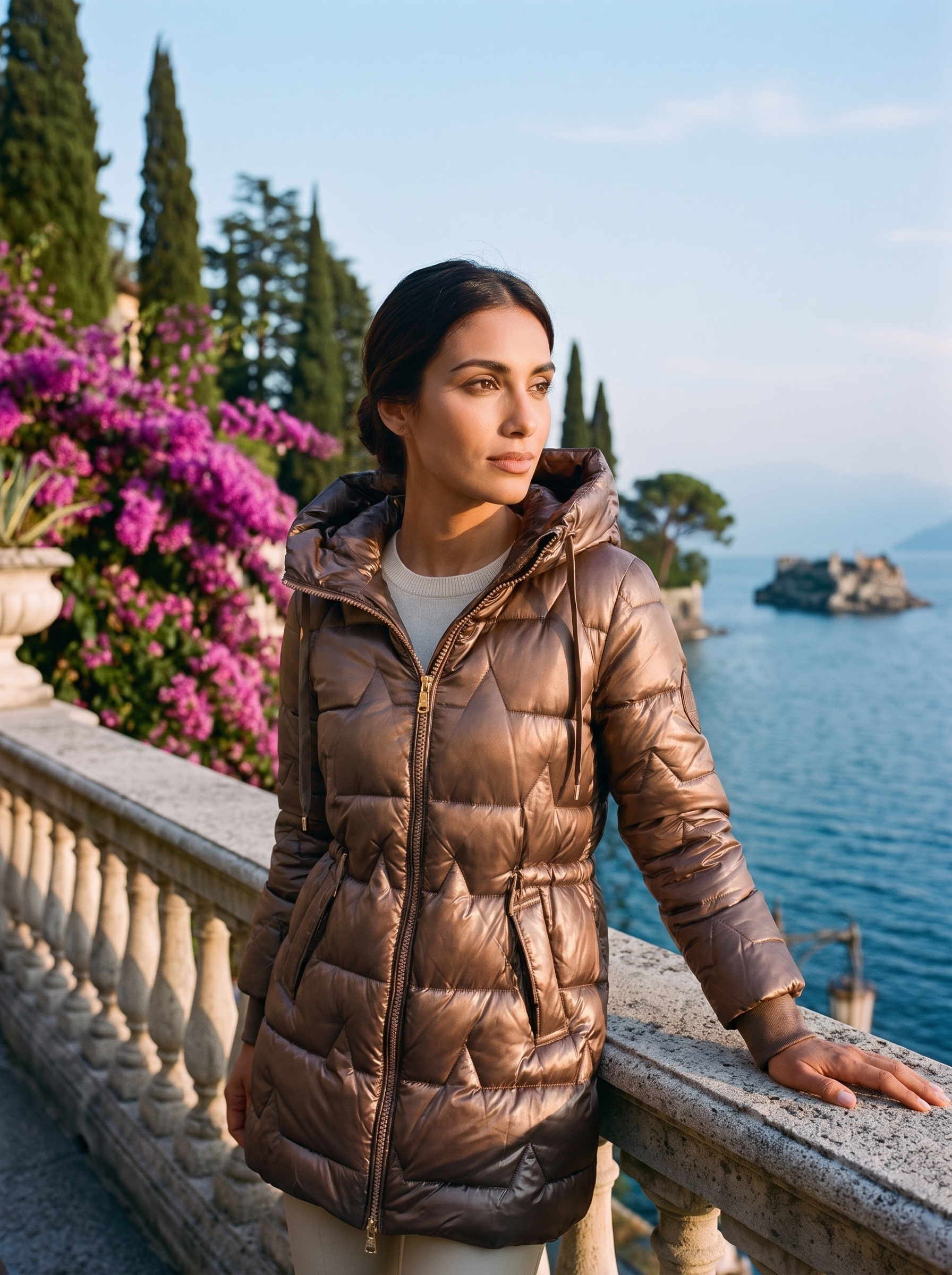 Woman wearing a metallic mocha-brown quilted puffer coat on a Lake Como terrace — Aveloire