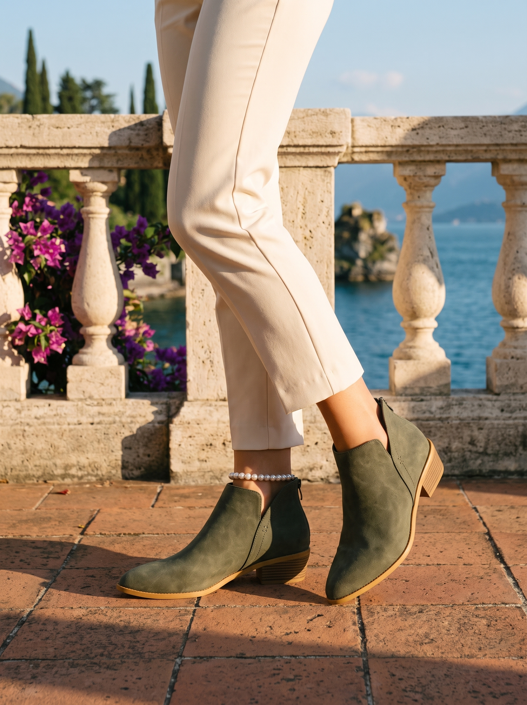 Woman wearing olive suede V-cut ankle boots on a terrace overlooking Lake Como, old money style — Aveloire