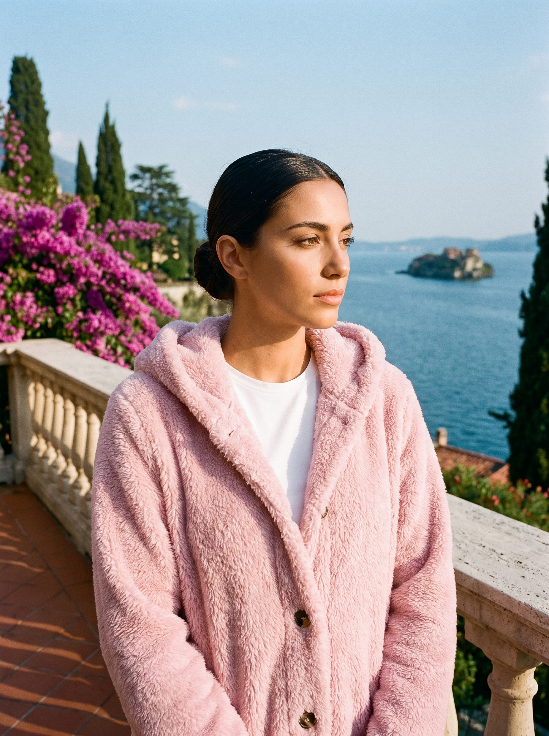 Woman wearing a pink hooded cardigan on a terrace overlooking Lake Como, old money style — Aveloire